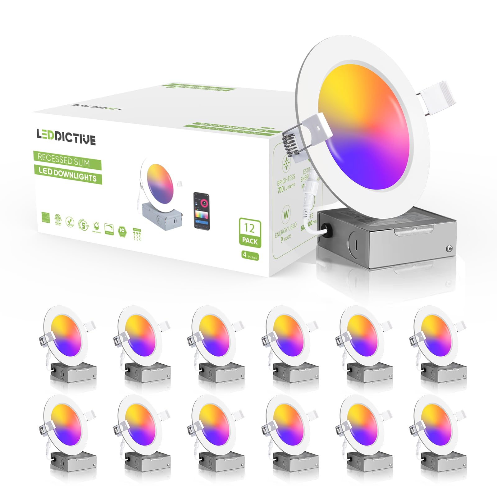 12 Pack Smart Recessed Lighting 4 Inch, 4 Inch Led Recessed Lights 9W 700Lm, Smart Downlight With Junction Box Compatible With Alexa/Google Assistant And Siri - Etl And Energy Star Certified