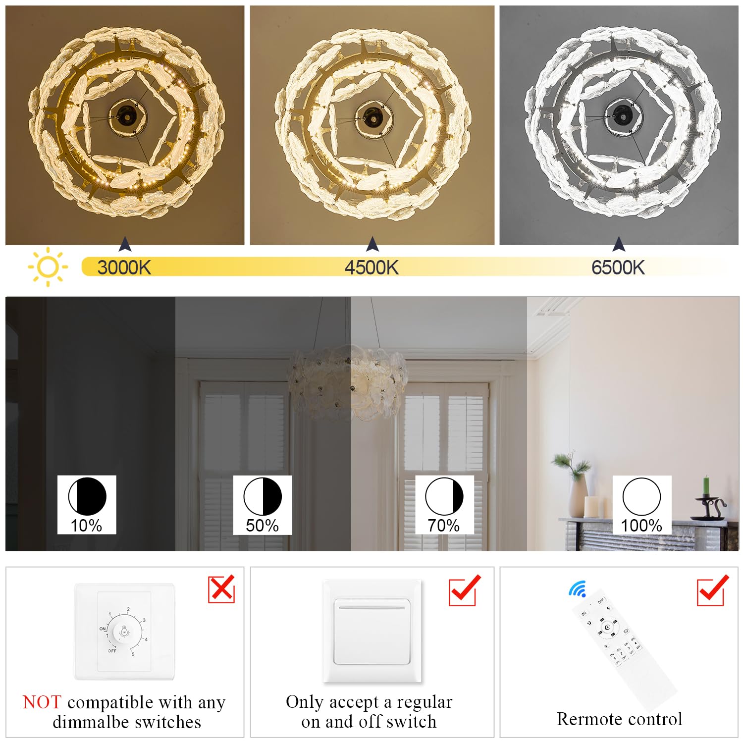 Poemoon Modern Glass LED Chandelier 20in Dimmable Black Lotus Leaf with Remote Control Model 56-500B for Living Room Foyer Dining Room