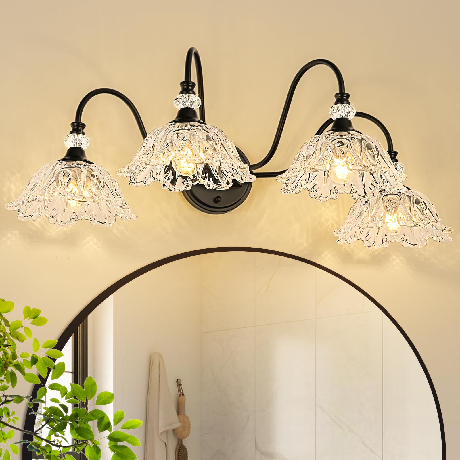 Sunkryster 4-Light Bathroom Vanity Light, Matte Black, Floral Clear Glass Shades, Model Sun-104AB-Black-4