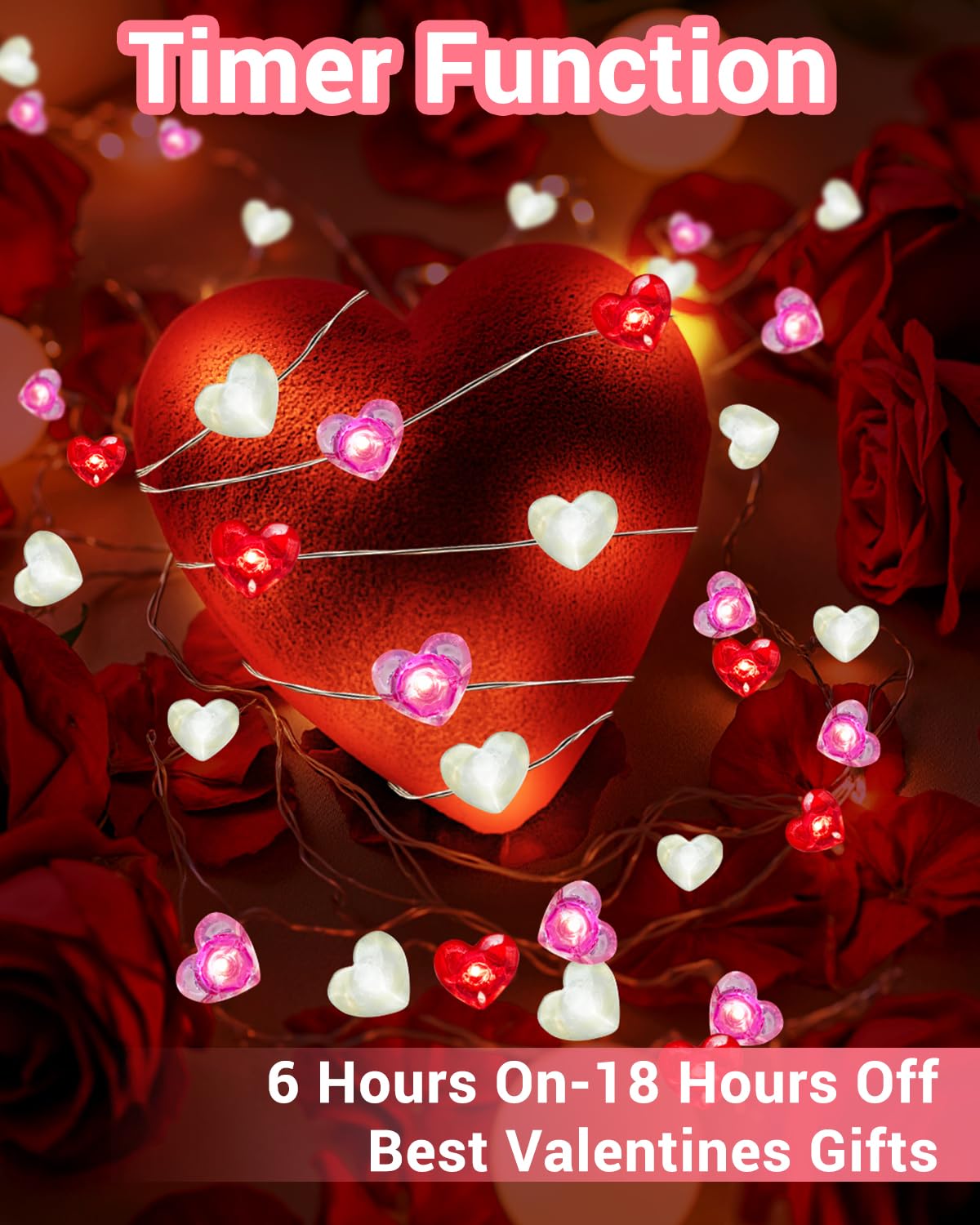 btfarm 16.4FT 50 LED Heart Shaped Fairy String Lights, Remote Timer, 8 Modes, Battery Operated, Waterproof, Pink