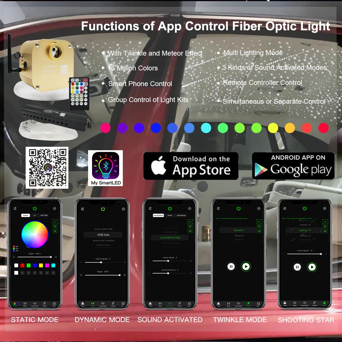 Akepo 16W Rgbw Fiber Optic Twinkle Lights Kit, 550Pcs 0.03In X 13.1Ft, Multicolor, App+Music Control, Shooting Star Effect