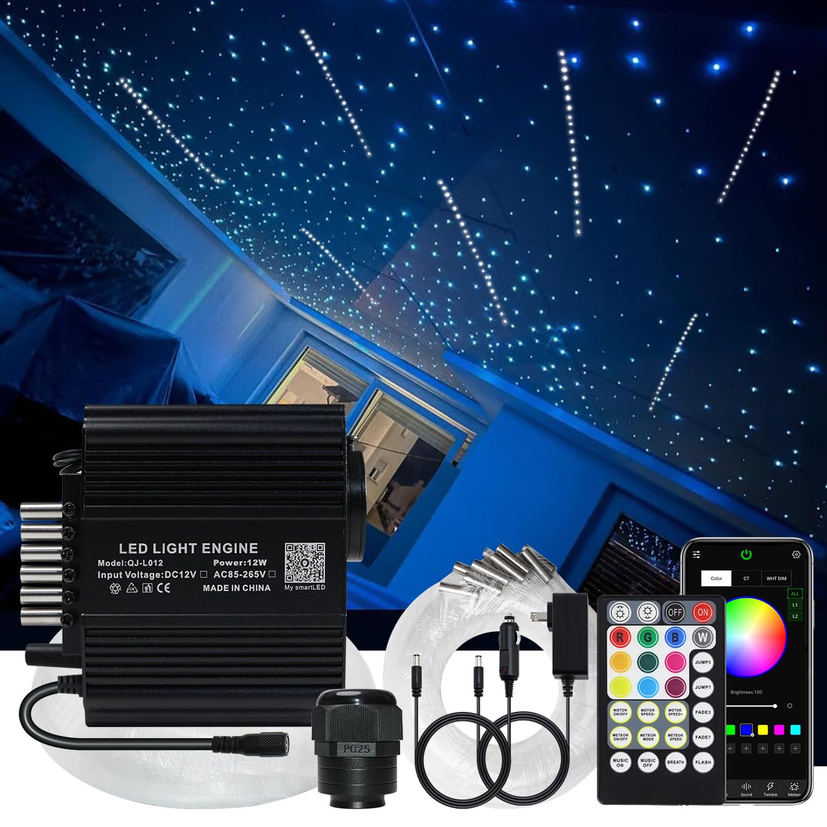 AKEPO 12W Fiber Optic Lights Twinkle+Meteor 2-in-1 APP Control Starlight Headliner Kit, 300pcs*0.03in*9.8ft+240pcs White Shootin