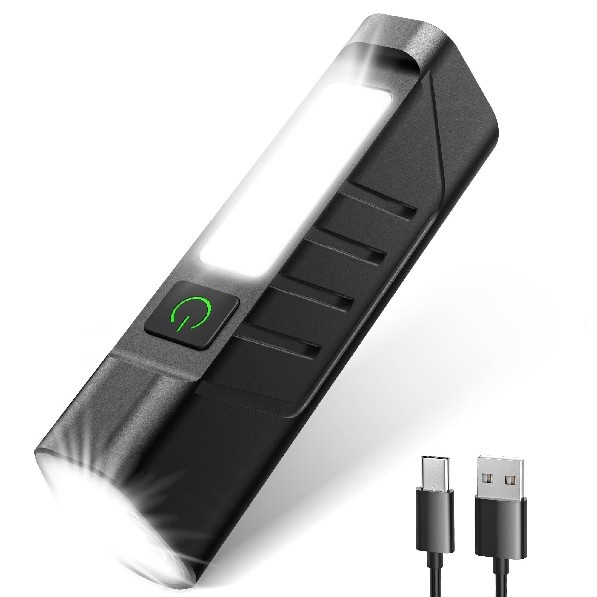 OUDEW Rechargeable EDC Flashlight, 900 Lumens, USB-C Charging, IPX4, Aluminum, Black, Commander Model, Portable Pocket Light