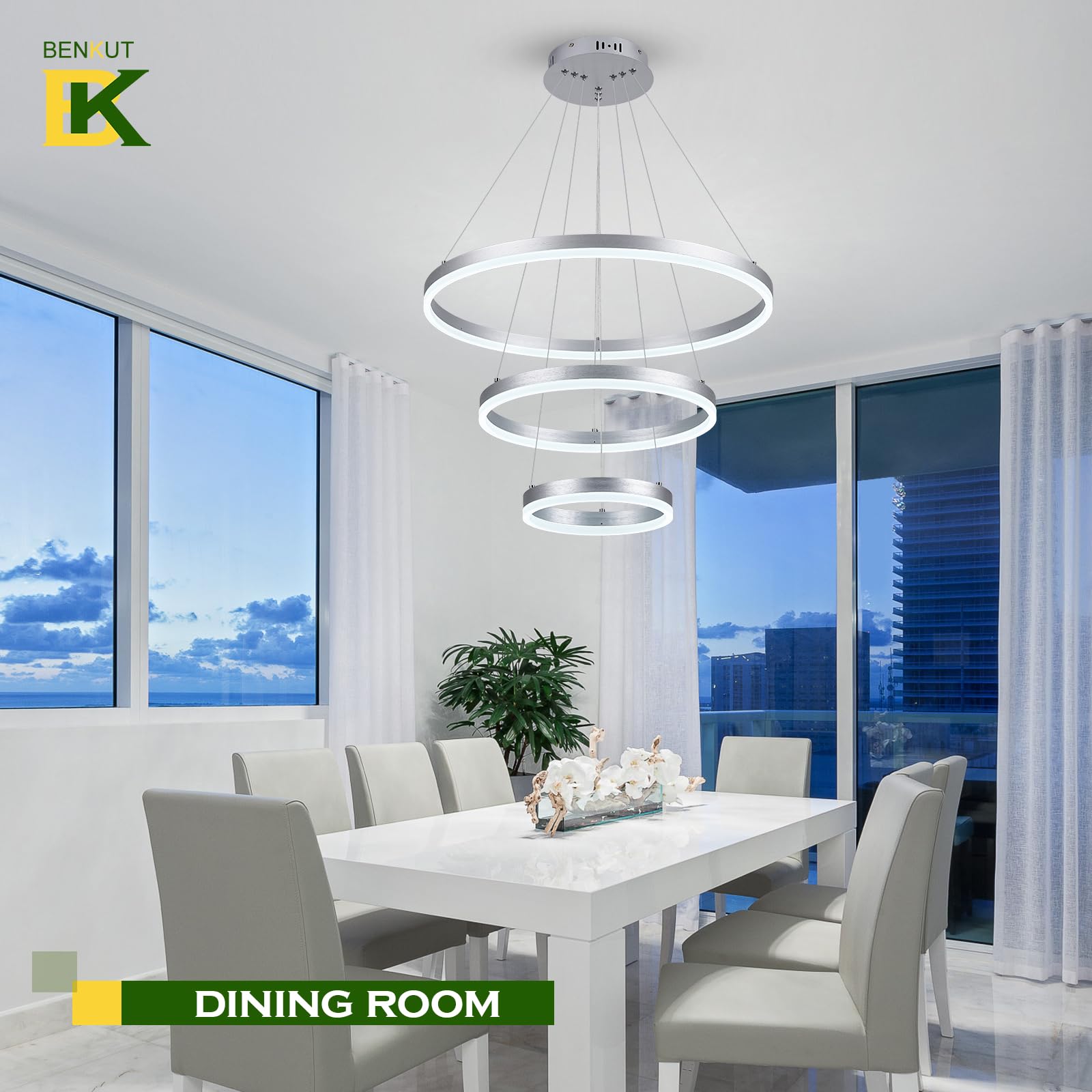 Benkut 3-Rings D23.6 Modern Led Chandelier Silver Dimmable Pendant Lighting With Remote Control Circular Flush Mount High Ceiling Light For Dining Room Living Room Bedroom Entrance Foyer, 3000K-6500K