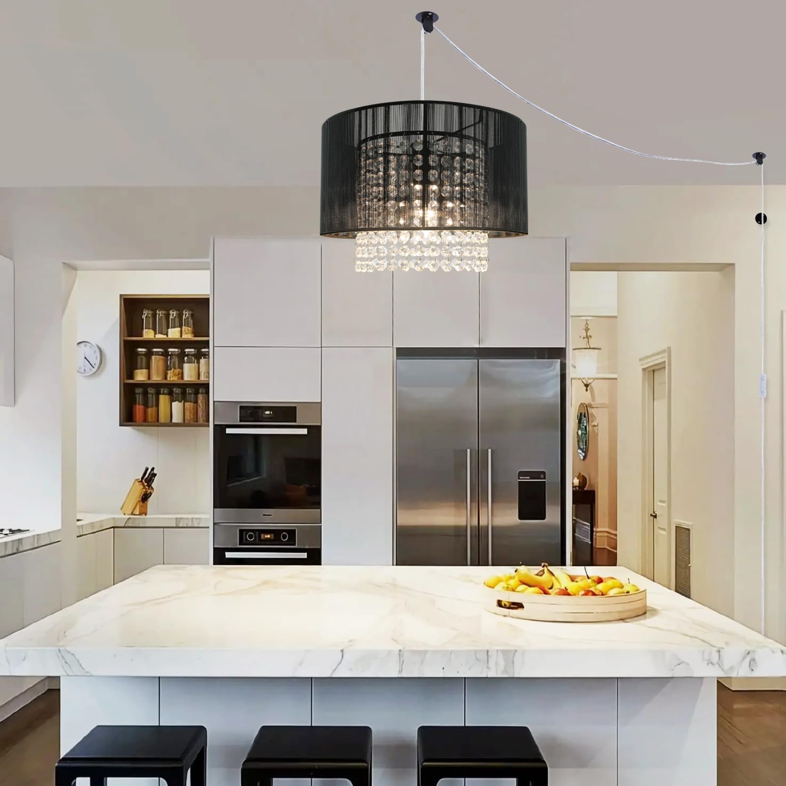 TISLYCO Plug-in Chandelier, 15ft Cord Crystal Pendant Light, Black, Perfect for Bedroom or Living Room