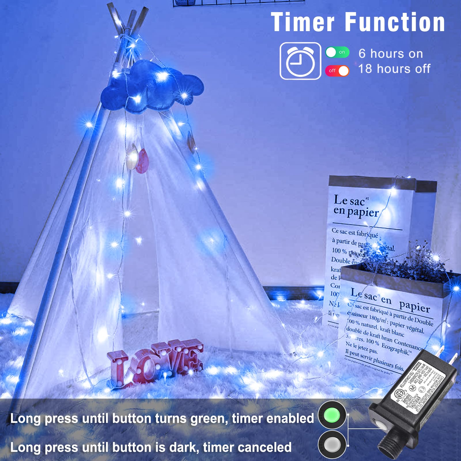 Nielfoi Christmas String Lights, 100FT 300LED, Blue and White, Waterproof, 8 Modes, Model BG-CL3M3-306L01
