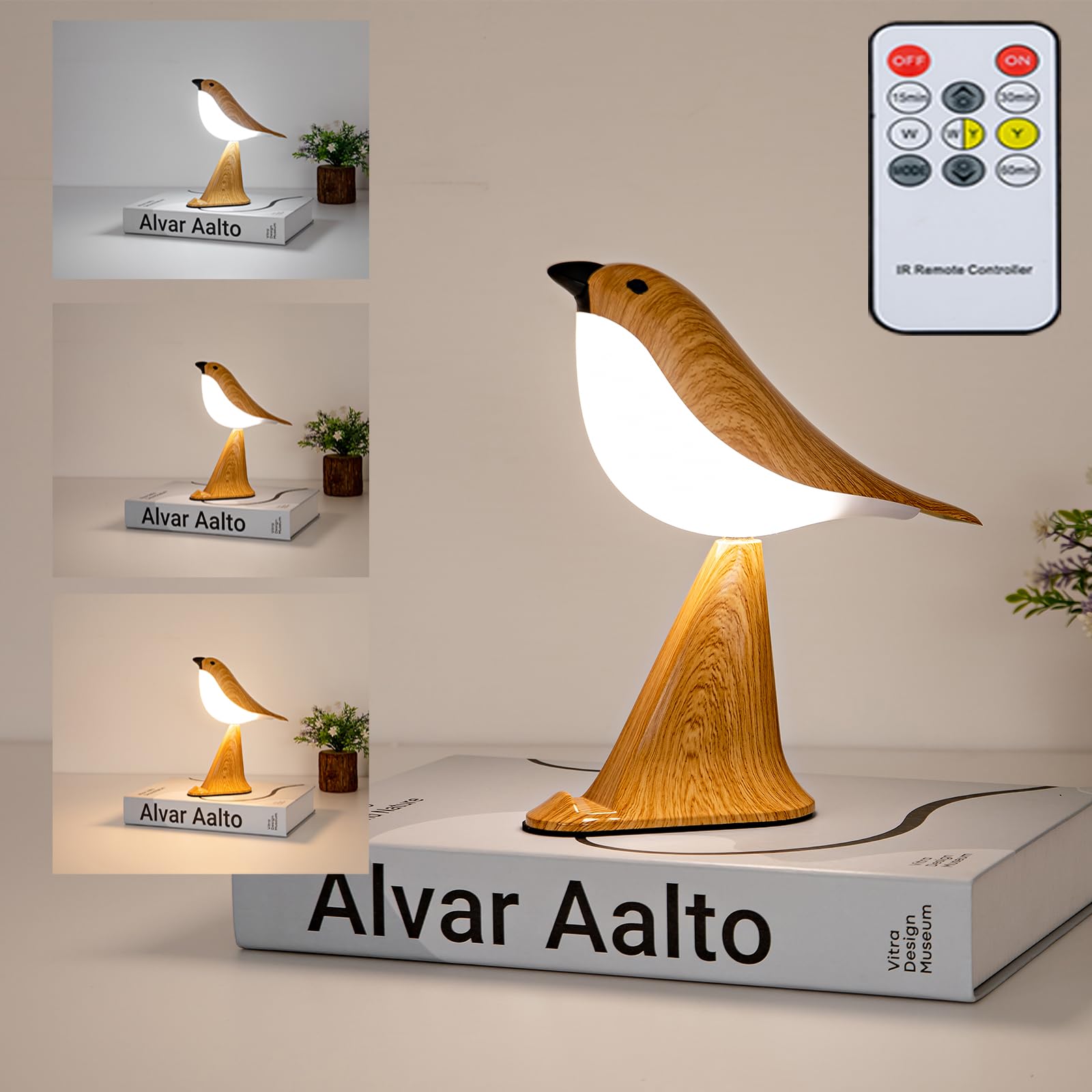 THOEWONG Small Bird Desk Lamp - Rechargeable, Touch Sensor, Remote Control, 0.1in x 0.2in x 0.2in, Wood Color, Model bird02