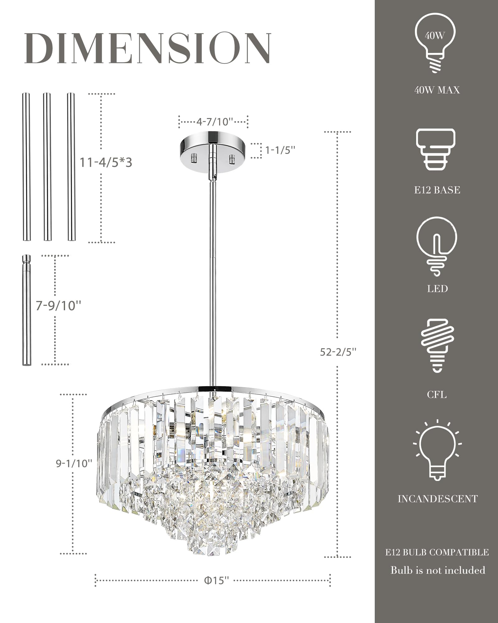 Cargifak 15'' Crystal Chandelier - 5-Tier Modern Pendant Light, Polished Chrome Finish for Dining Room, Kitchen, Bedroom, Entryway, CKCC4215-5W