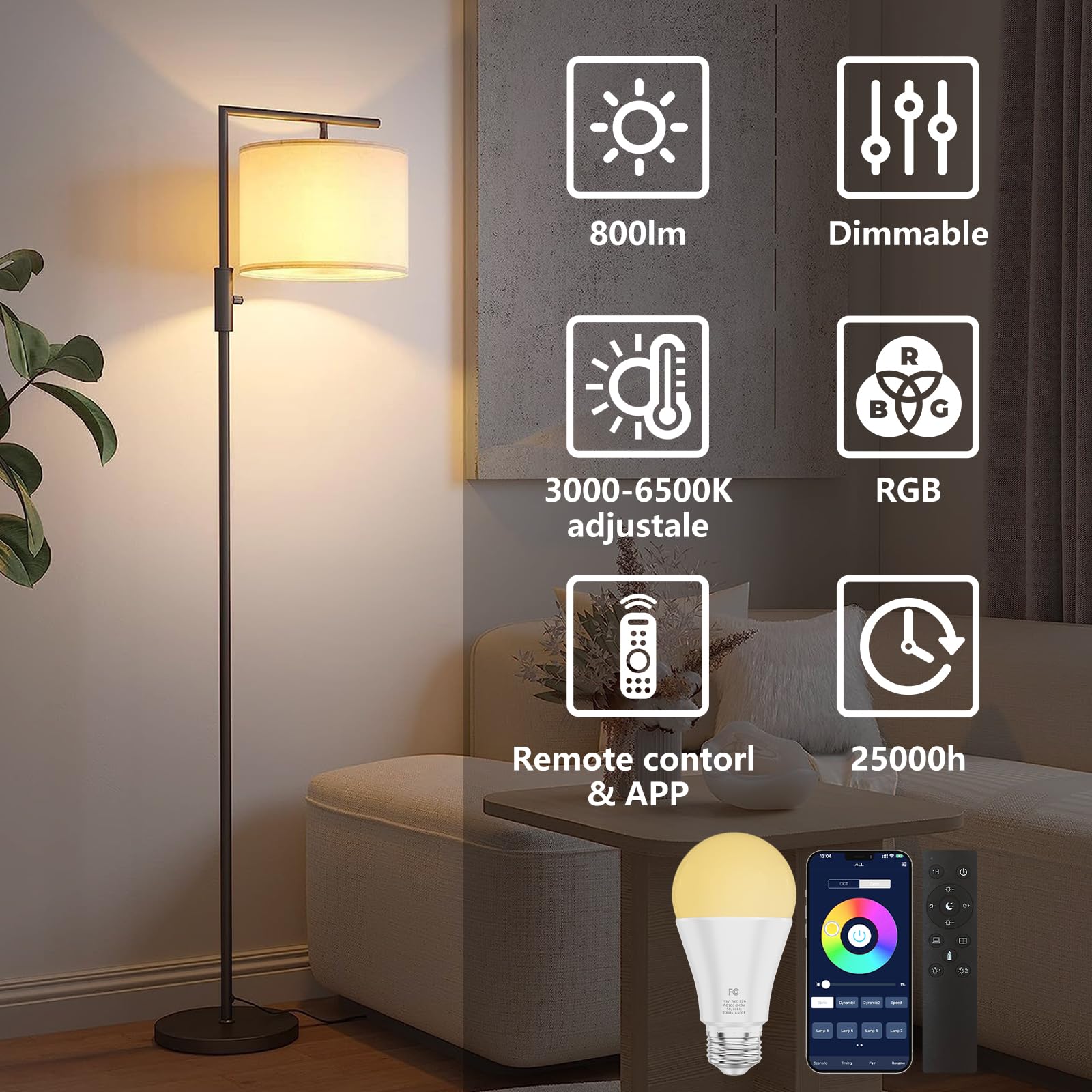 MXhme A19 Color Changing Light Bulb, Dimmable 9W (60W Equivalent), RGBWW, E26 Base, Remote Control, White, Model A6001