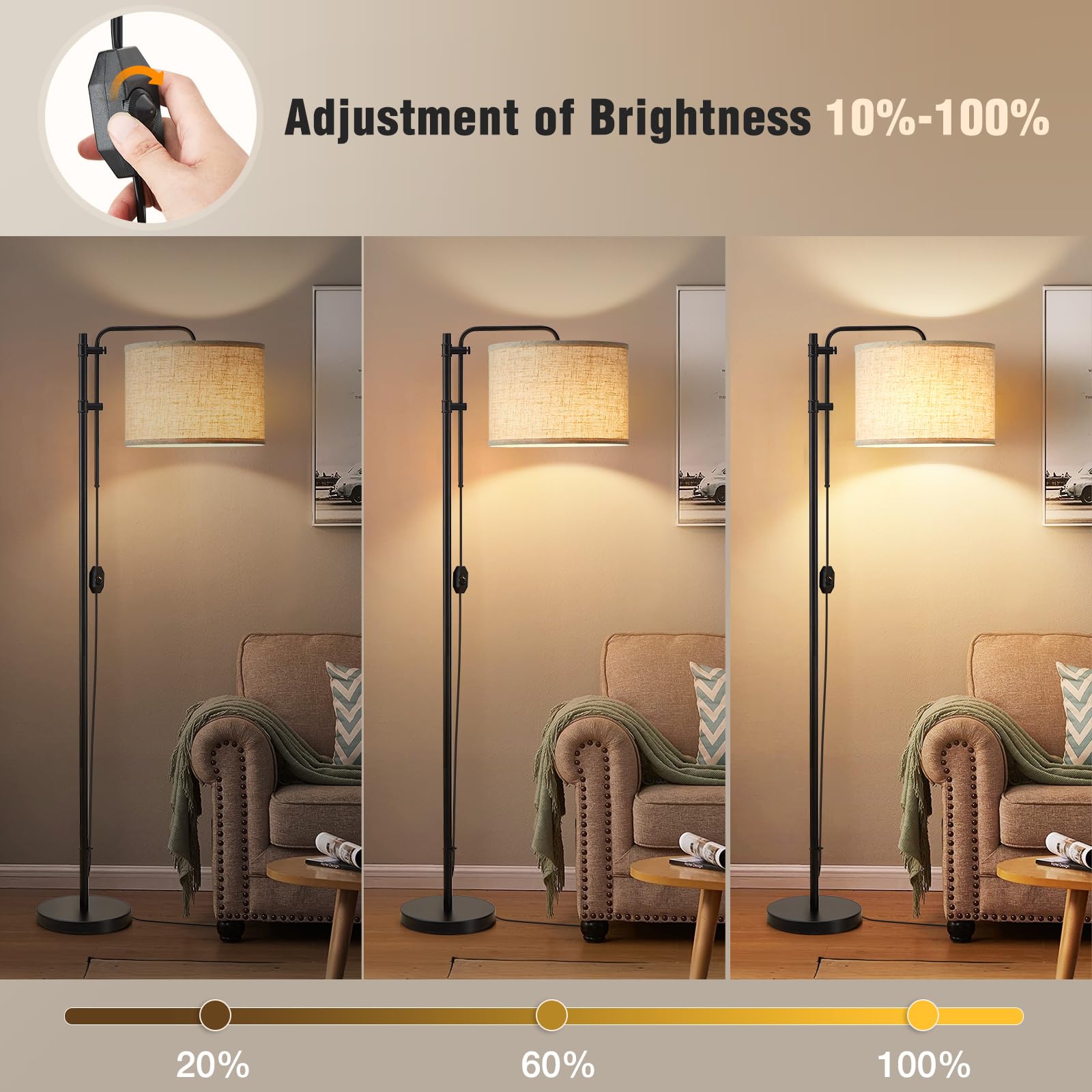 Gyrovu Floor Lamp For Living Room, Adjustable Height Standing Lamps With 350 Rotate Beige Lampshade, 67.5-Inch Modern Tall Lamp