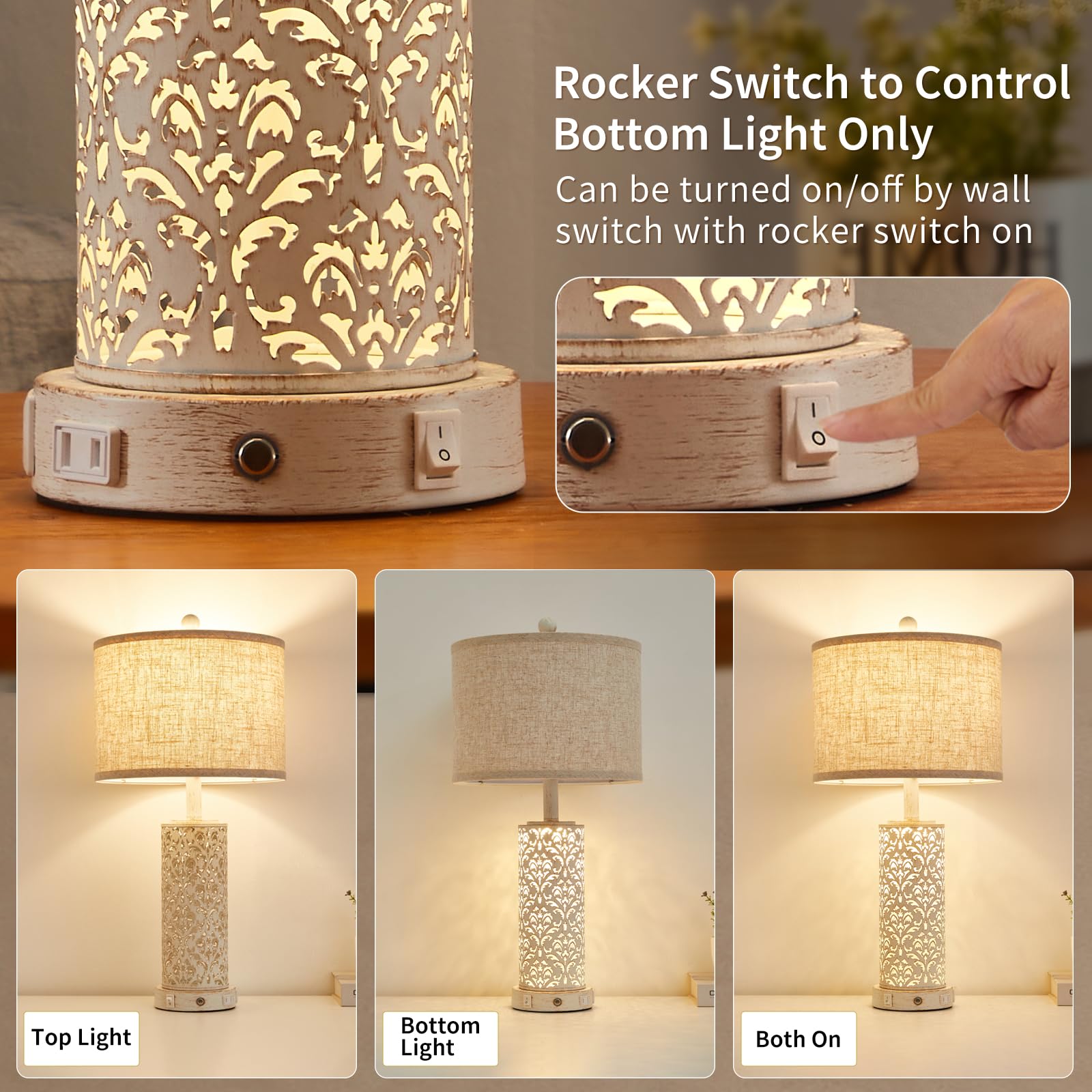 SAIWEYA 26  Farmhouse Table Lamp Dual Light, 3-Way Dimmable Touch Lamps, Rustic Nightstand Bedside Lamps with 2 USB Ports + AC O