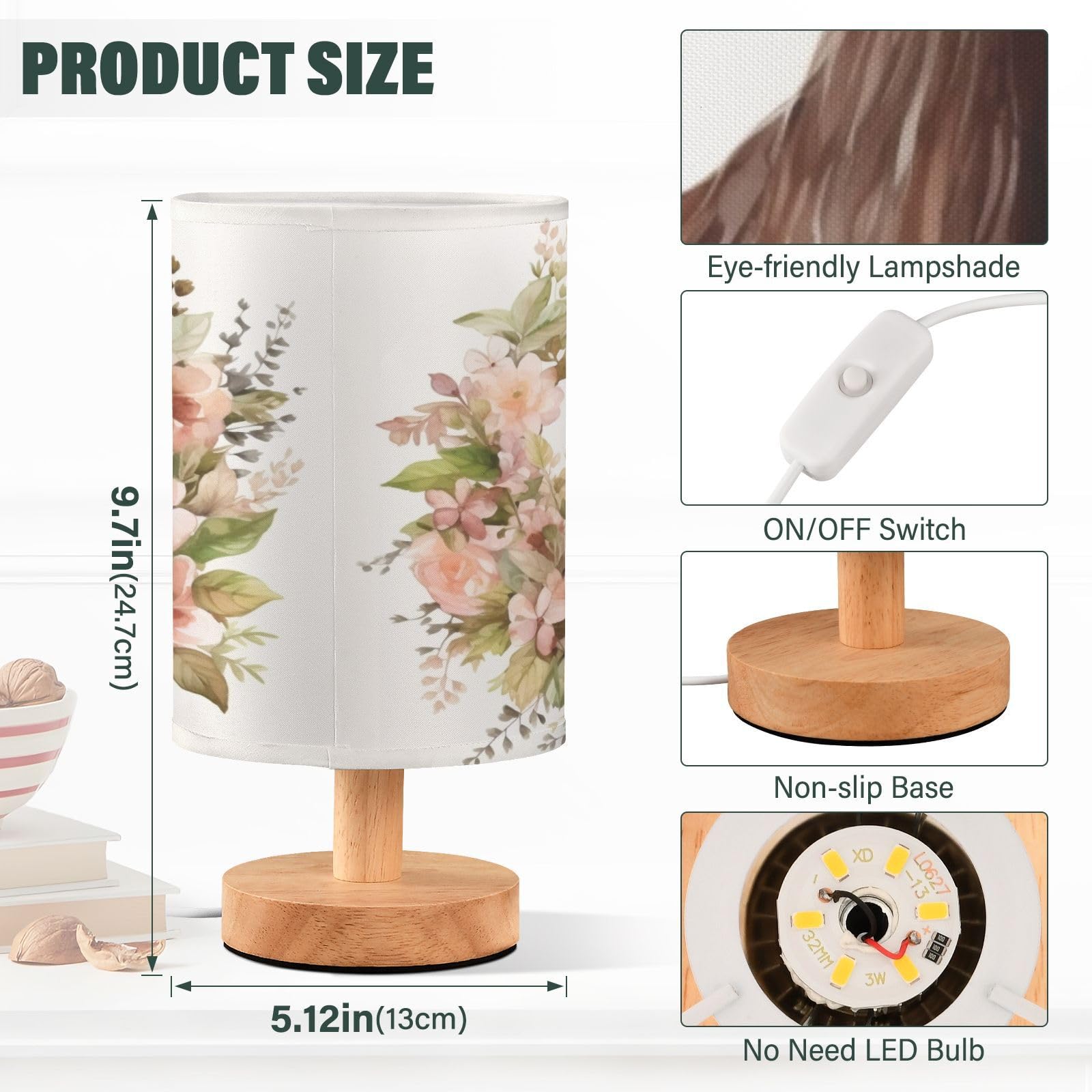 ALAZA Horse Flower Watercolor Lamp for Girls Boys Bedroom Bedside Table Lamp with USB Port LED Kids Nightstand Lamp Wood Base De