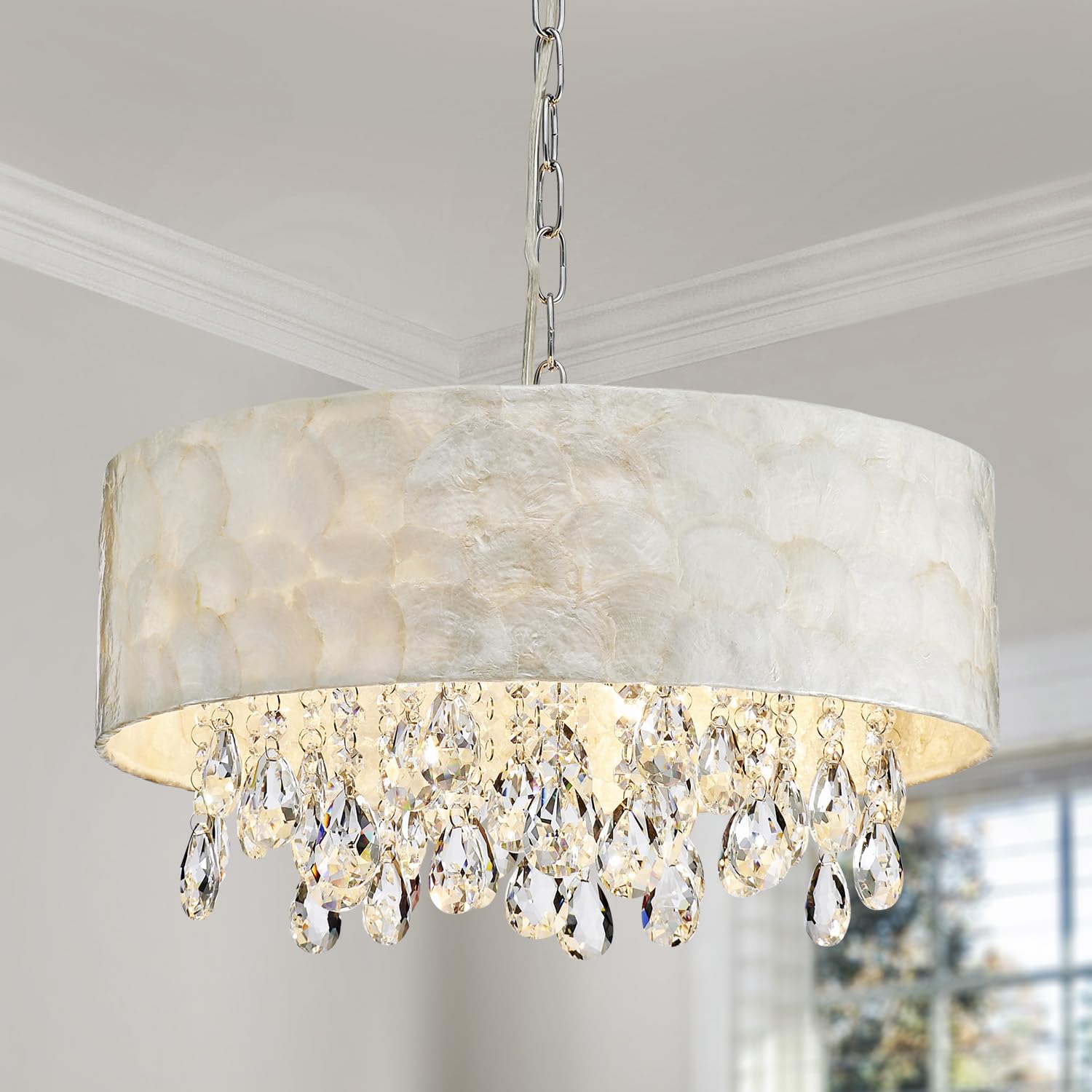 AGV LIGHTING CH020 Capiz Shell Chandeliers, Modern K9 Crystal Pendant Light Fixture, 4 x E12 Sockets, D17 x H6, Adjustable Chain