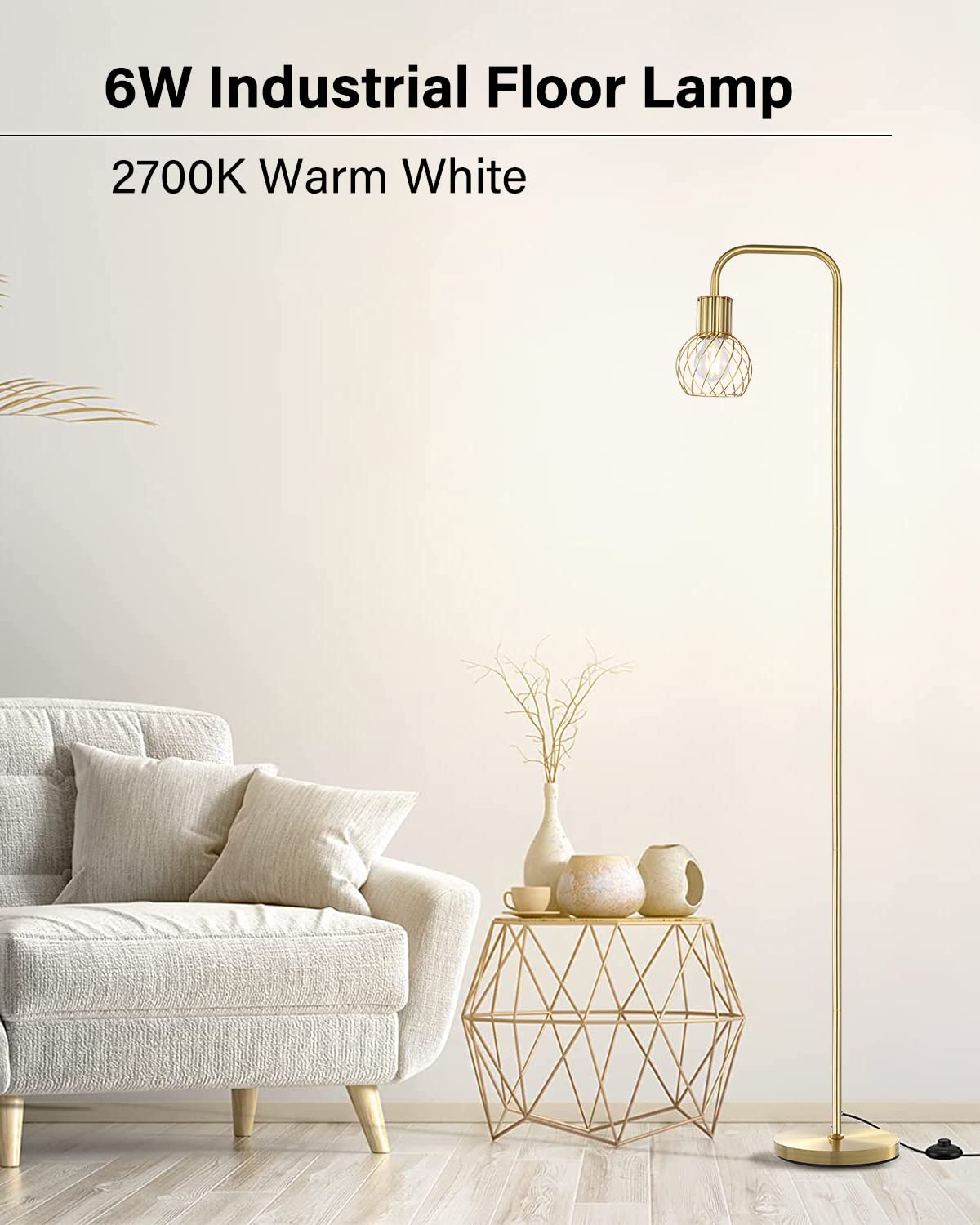 Auquee Brass Gold Floor Lamp - Modern Industrial Standing Lamp With Led Bulb & Foot Switch