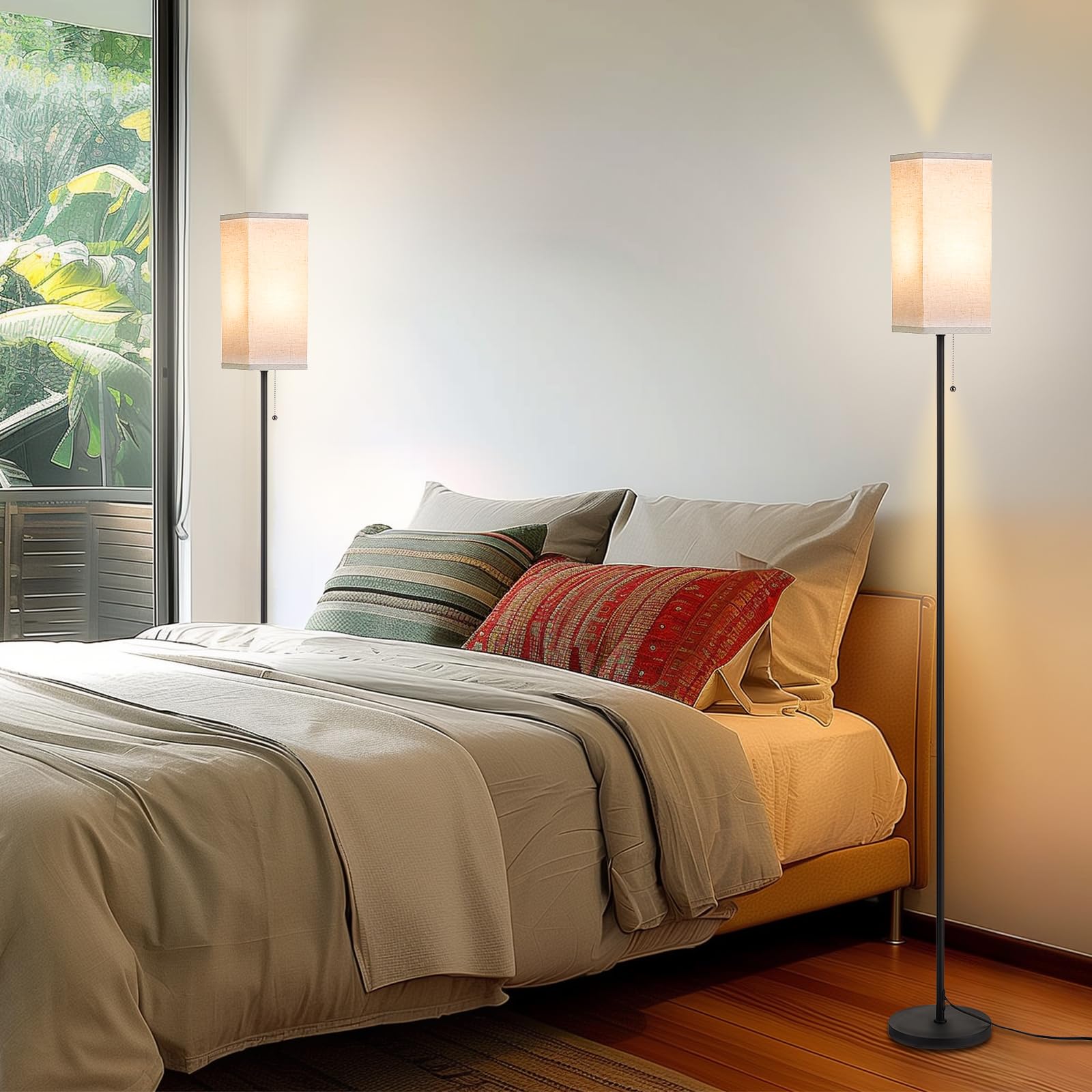 Ziisee Tall Floor Lamp Set Of 2 With Linen Shade - 3 Color Temperature, Black, Led Bulbs, Pull Chain Switch, Easy Assembly(2 Pac