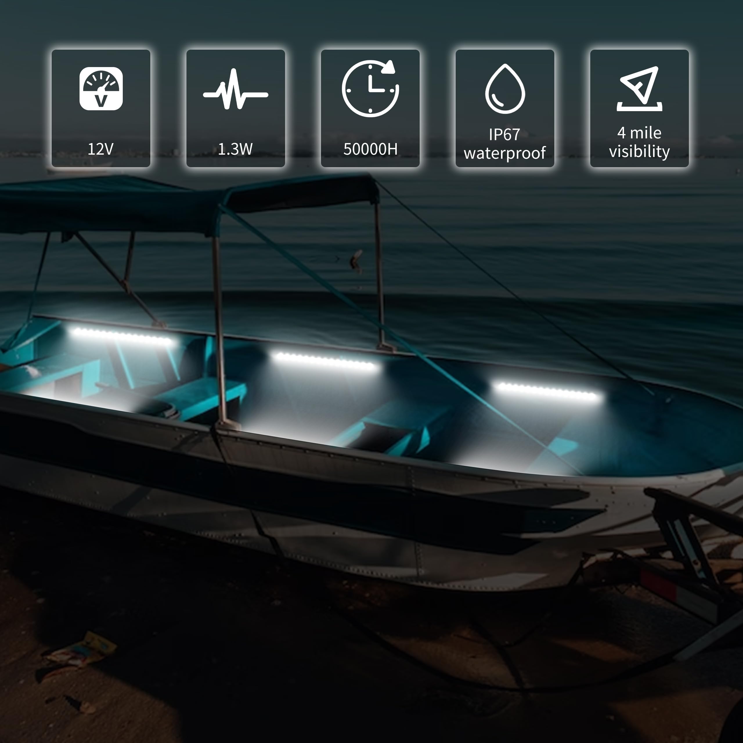 RVZONE LED Boat Interior Lights, Waterproof Strip Lights, 11.8 inch, 2 Pcs, White, Model Boatlight01