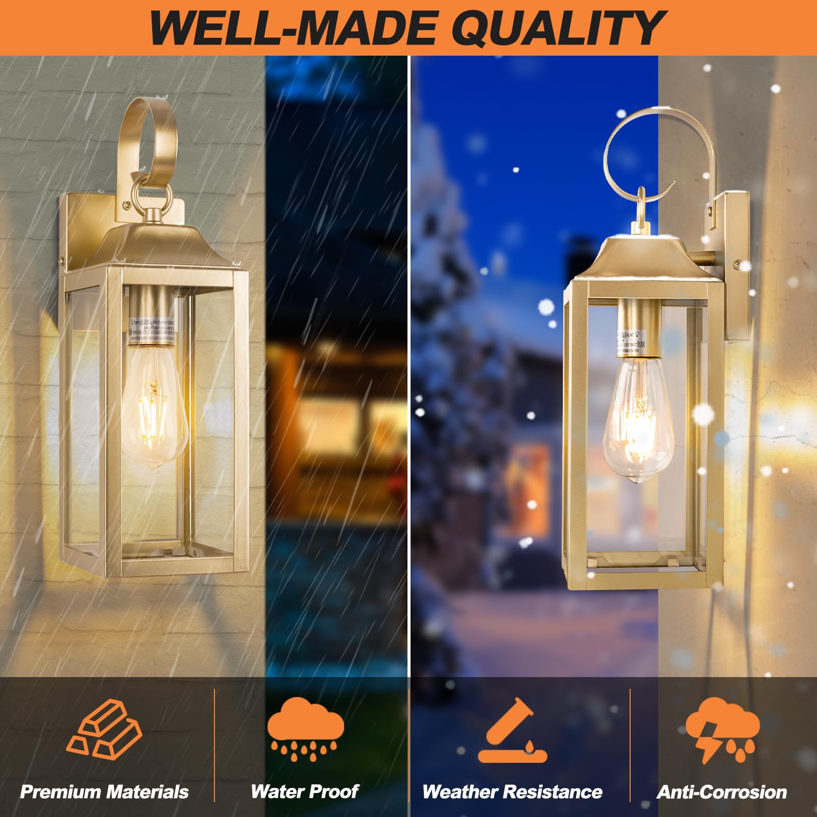 Yolsunes 15 Inch Gold Outdoor Wall Sconces, Waterproof Modern Lanterns With Clear Glass - 2 Pack