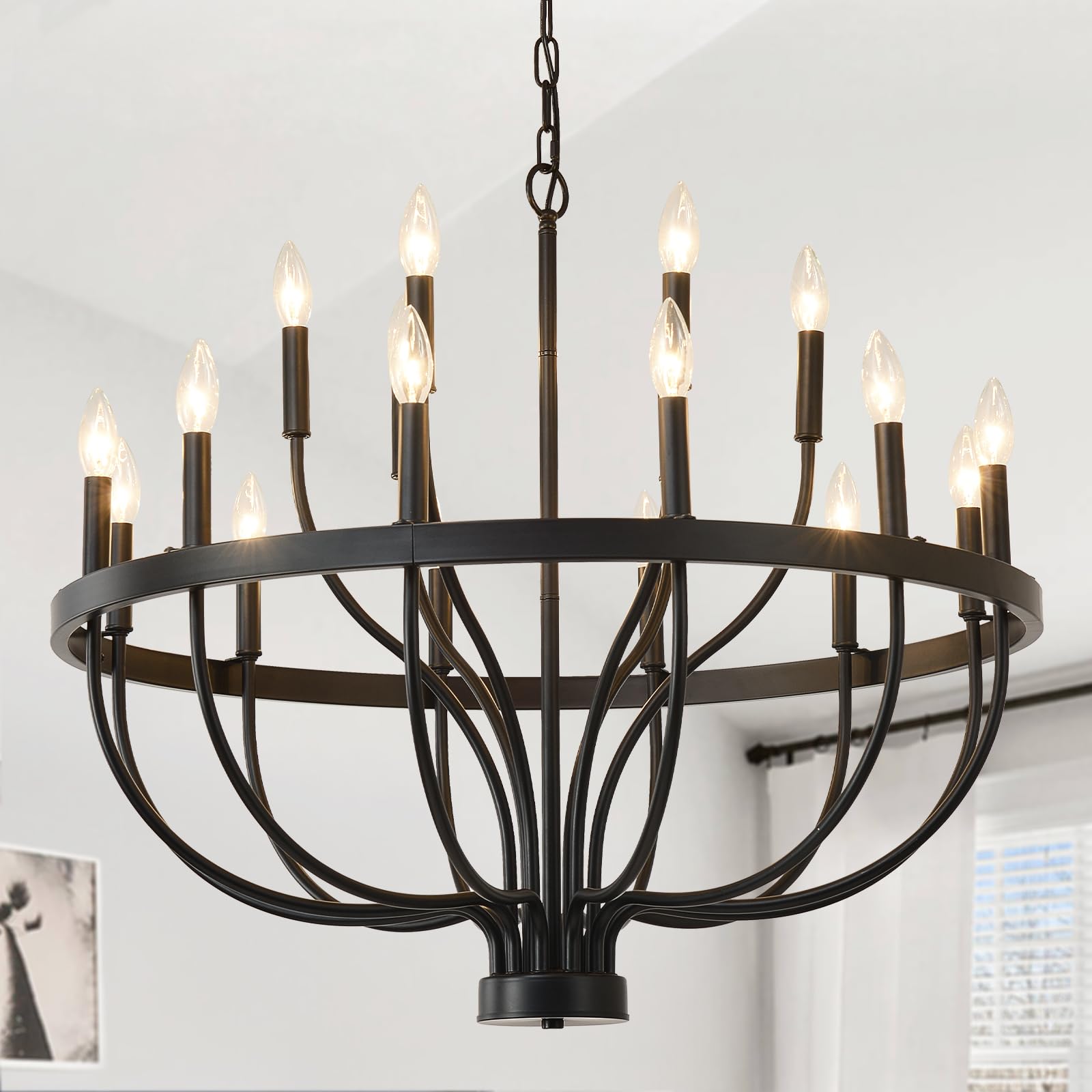 HHR 18-Light Farmhouse Foyer Chandelier Entryway High Ceiling 32 Inch, Modern Black Chandelier for Dining Room, Candle Light Fix