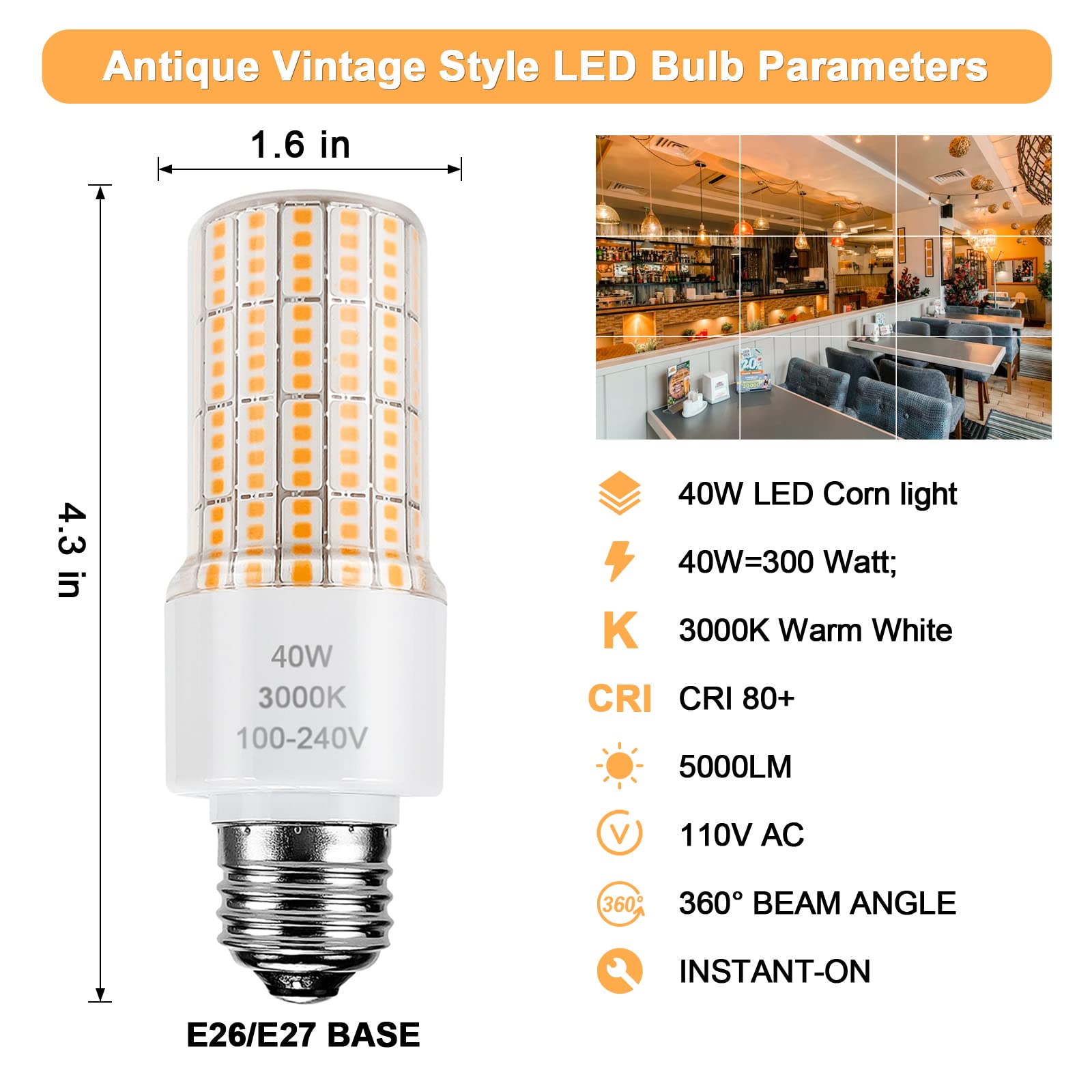 Ca New Sunshine 40W Led Corn Light Bulb(300W Equivalent) 5000Lm 3000K Warm White E26/E27 Base Ceiling Fan Led Light Bulbs For Ga
