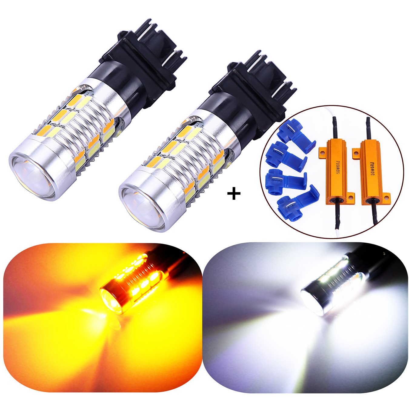 3157 3057 3357 4157 Canbus Turn Signal White Yellow Switchback LED Light Bulbs 22 SMD with Projector, for Standard Socket, Not C