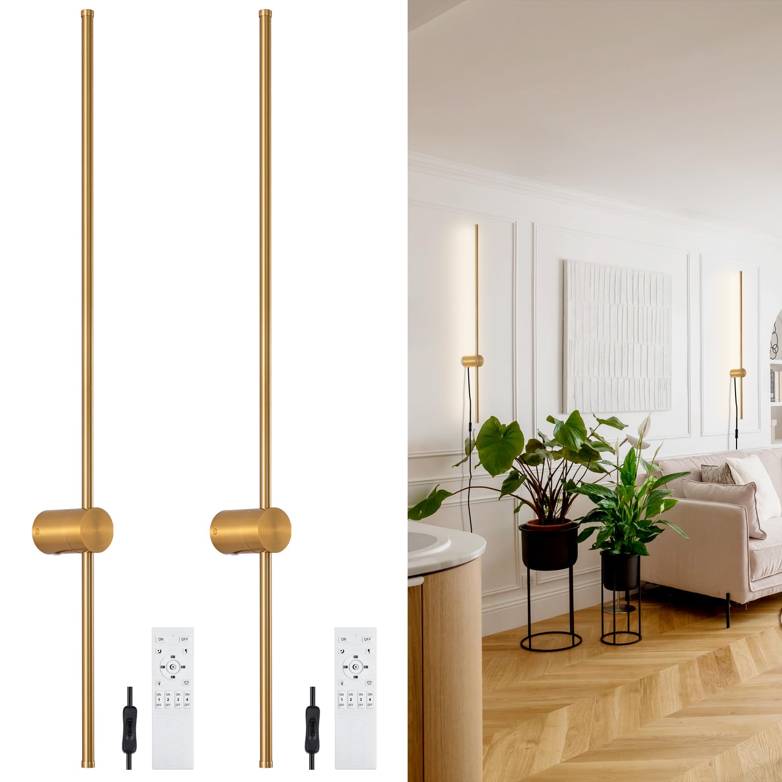 Keluoly Dimmable Plug In Wall Sconce Set Of 2, Gold 39.37" Led Wall Light With Remote, Adjustable Color Temperature Brightness Wall Lamp With Timer For Living Room,Bedroom And Accent Lighting