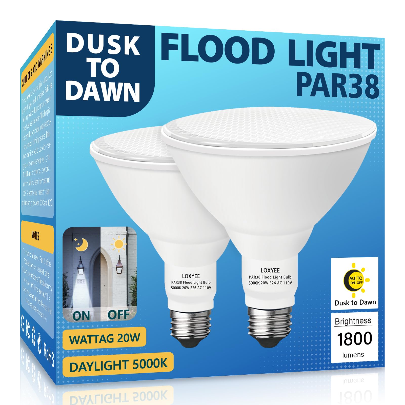 LOXYEE 2 Pack LED PAR38 Dusk to Dawn Flood Light Bulbs Outdoor ,20W(200W Equivalent) E26 Base Flood Light Bulbs,5000K Daylight 1800 Lumens LED Flood Light for Outdoor Garden,Garage,Yards