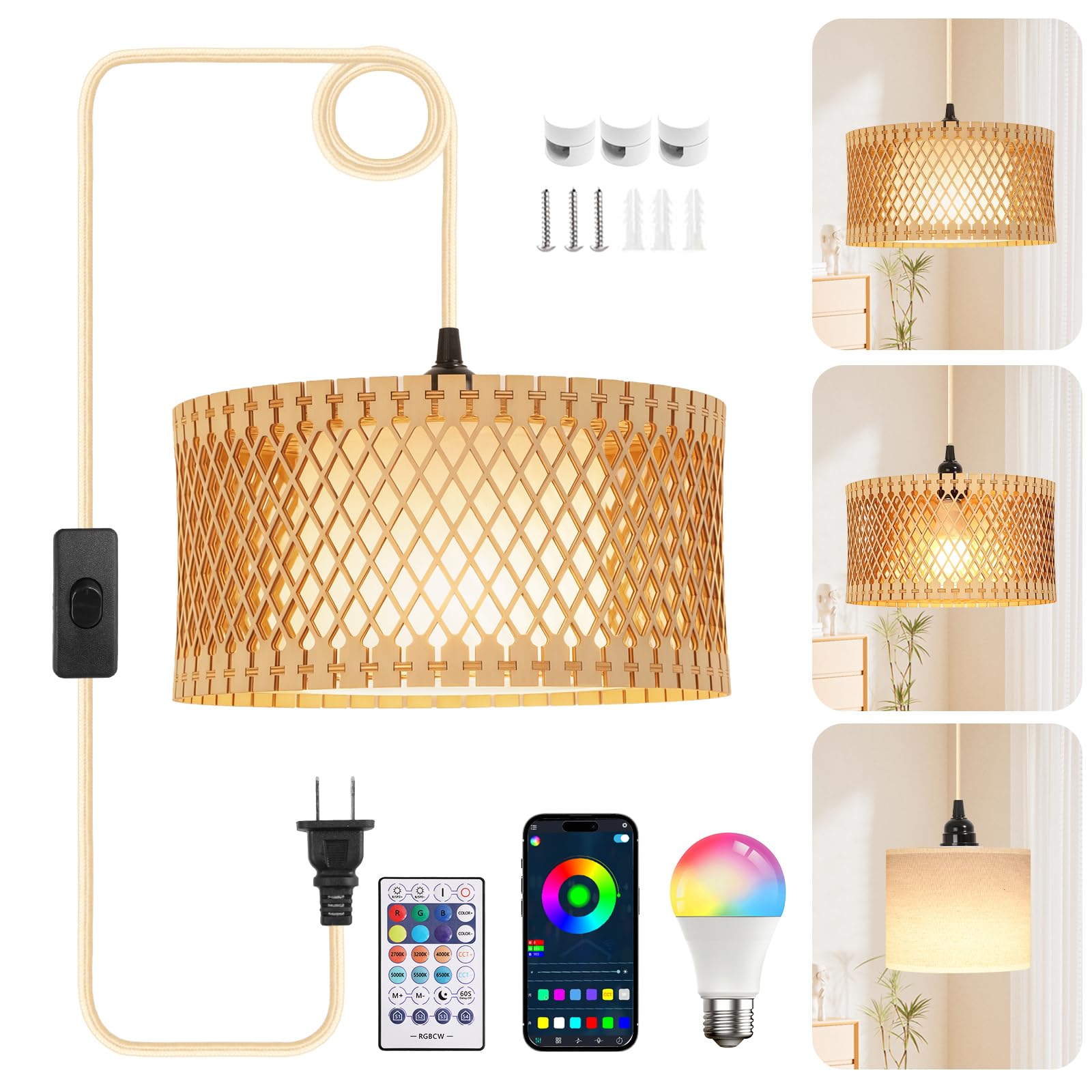 ZSLAIFU Hanging Lamp Plug in Pendant Light, 15FT Hanging Lights with Plug in Cord, Hanging Light with Bulb and Remote, Wood Shad