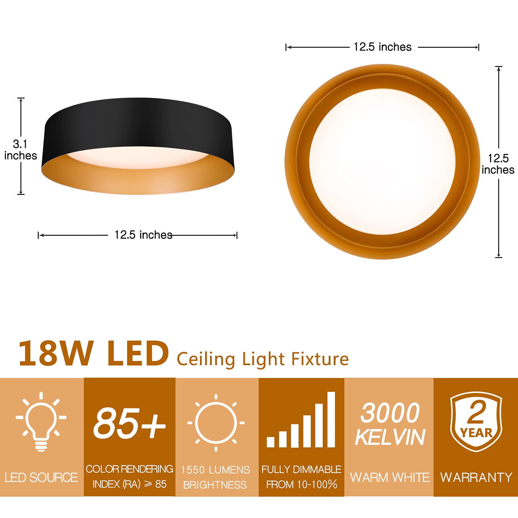 Bargeni Flush Mount Ceiling Lights,12.5 Inch Ceiling Light Fixture,3000K/18W, Matte Black With Champagne Gold Inside Finish,Flus