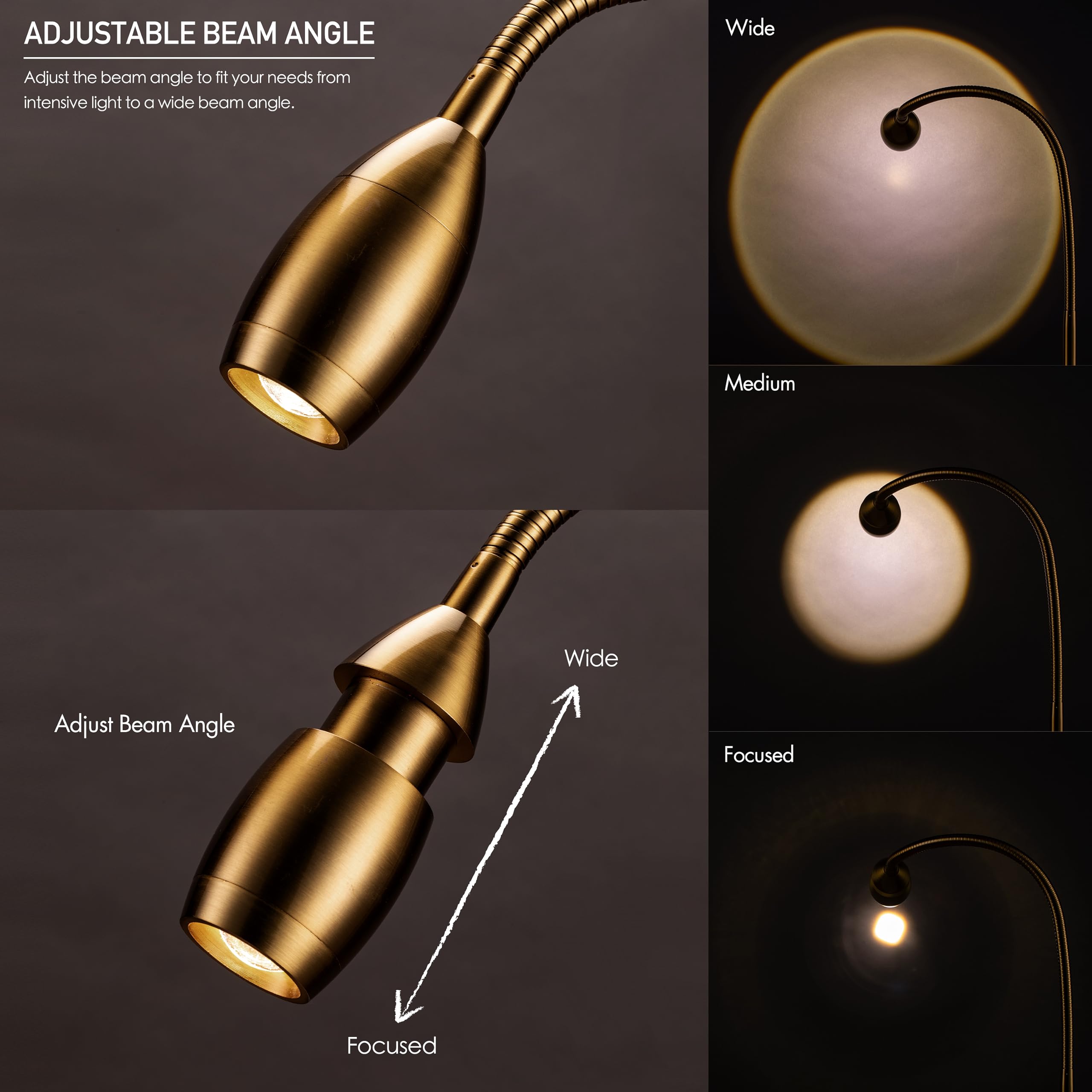 O'Bright Lumos Clip-on Lamp - Zoomable, Dimmable LED, Flexible Gooseneck, Antique Brass, Model OB-CL15M