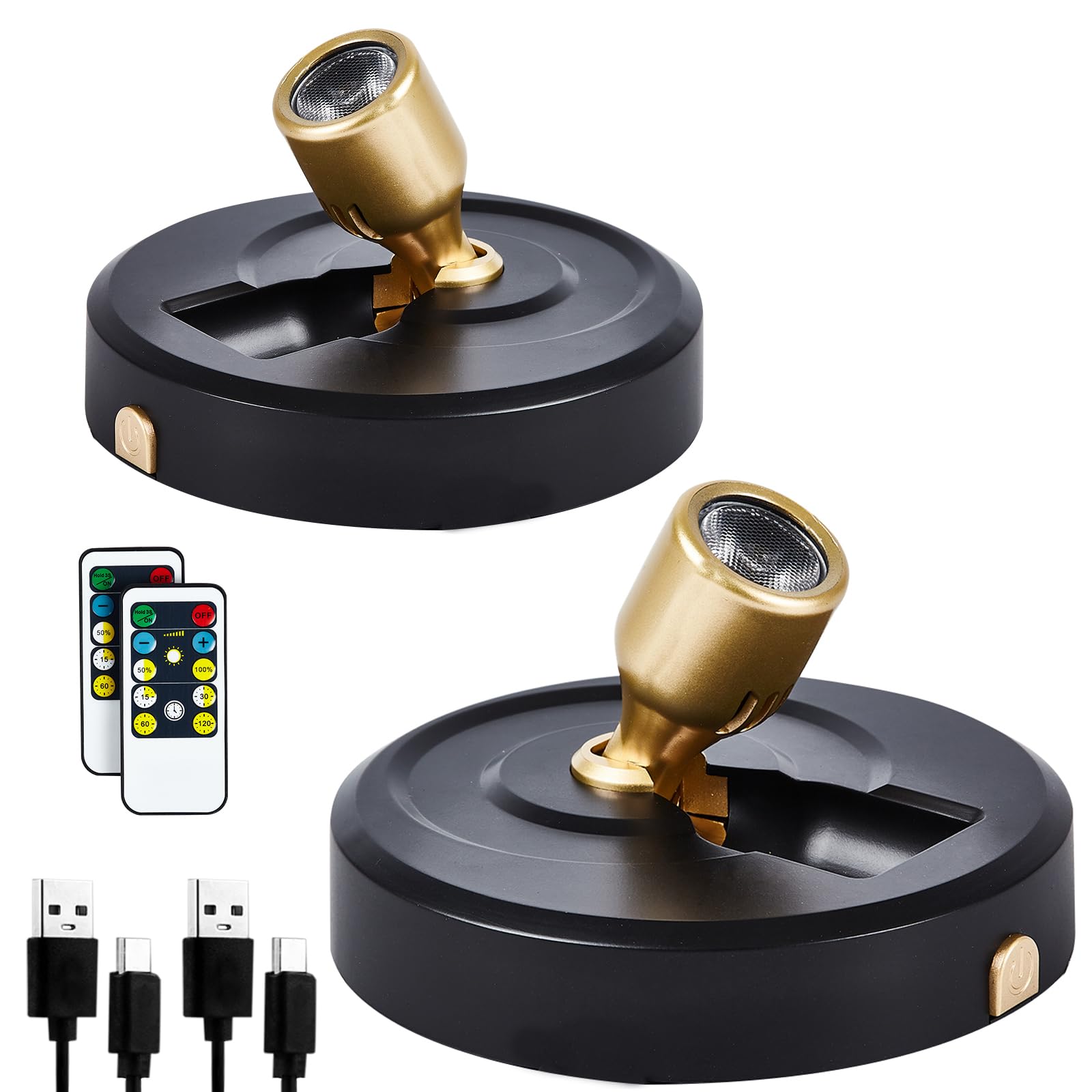 HOFUY 2-Pack Wireless LED Spotlight, Rechargeable, Dimmable, Remote Control, Black+Gold, Model USB-XSpot-HJ