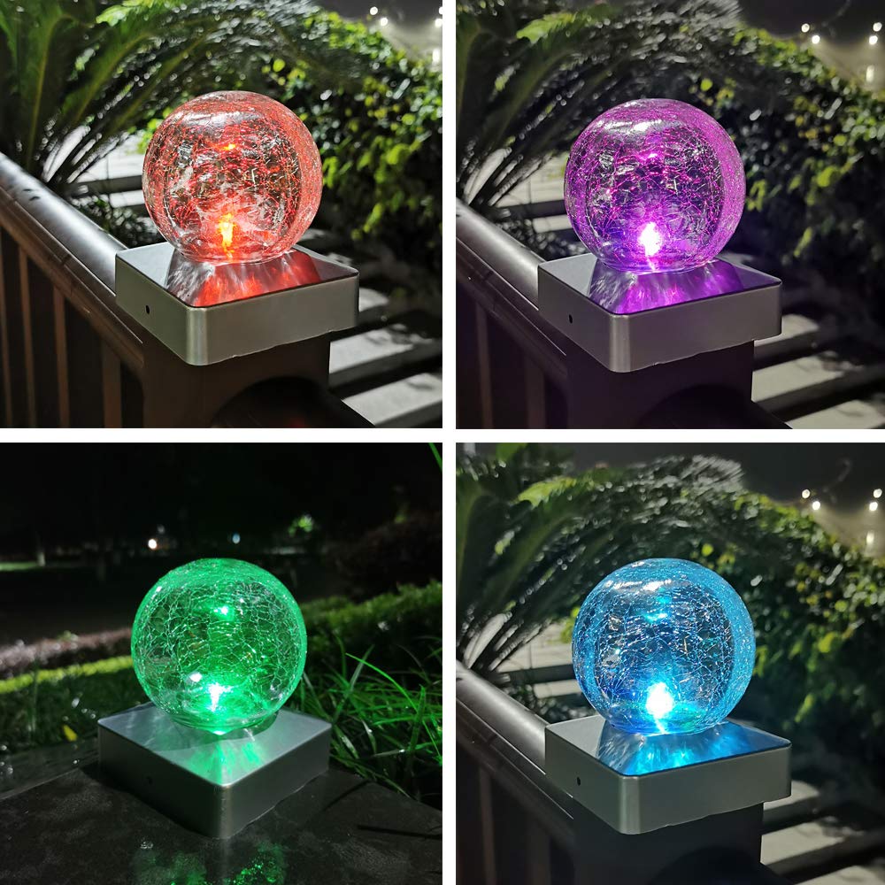 SUNNYPARK Solar Fence Post Cap Light, 4x4, Color Changing, Waterproof, 2 Pack, Glass Design