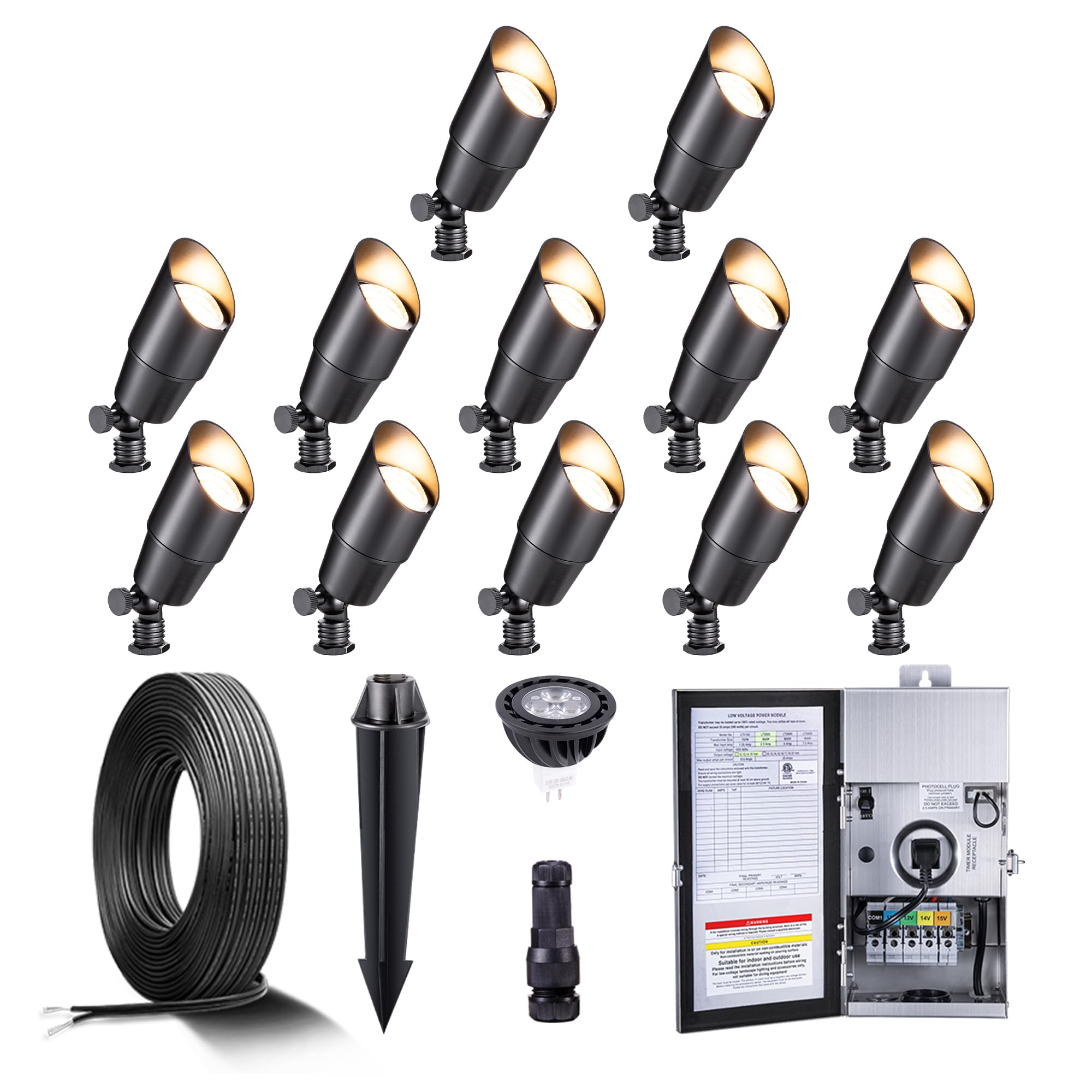 Gardenreet Black Solid Brass 12V Led Landscape Lighting Kit (12-Pack Spotlights) With 300W Low Voltage Transformer & Mechanical Timer & 250Ft Wire & 50Pack Connectors For Outdoor Garden Patio