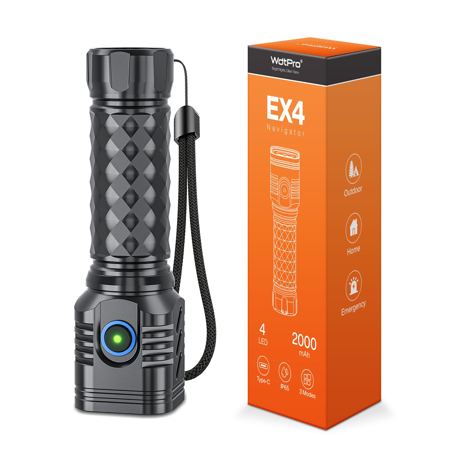 WdtPro Metal Flashlight, 4 LEDs, Rechargeable, Waterproof, Super Bright, 1 Pack, Black, Model EX4