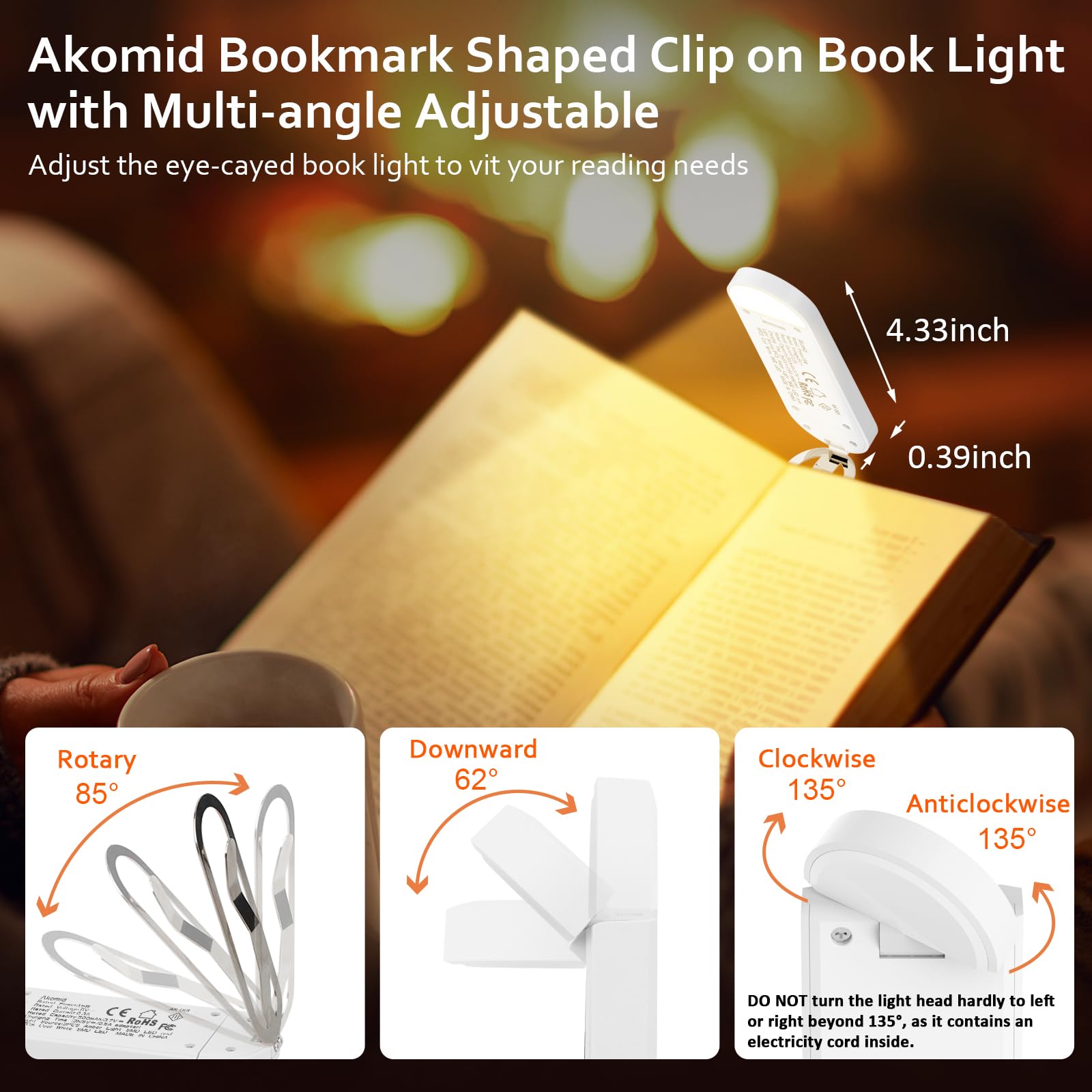 Akomid Book Light, Usb Rechargeable Reading Light, Eye-Cared Amber Light Mode Book Light For Reading In Bed Kids, 8 Leds Bookmar