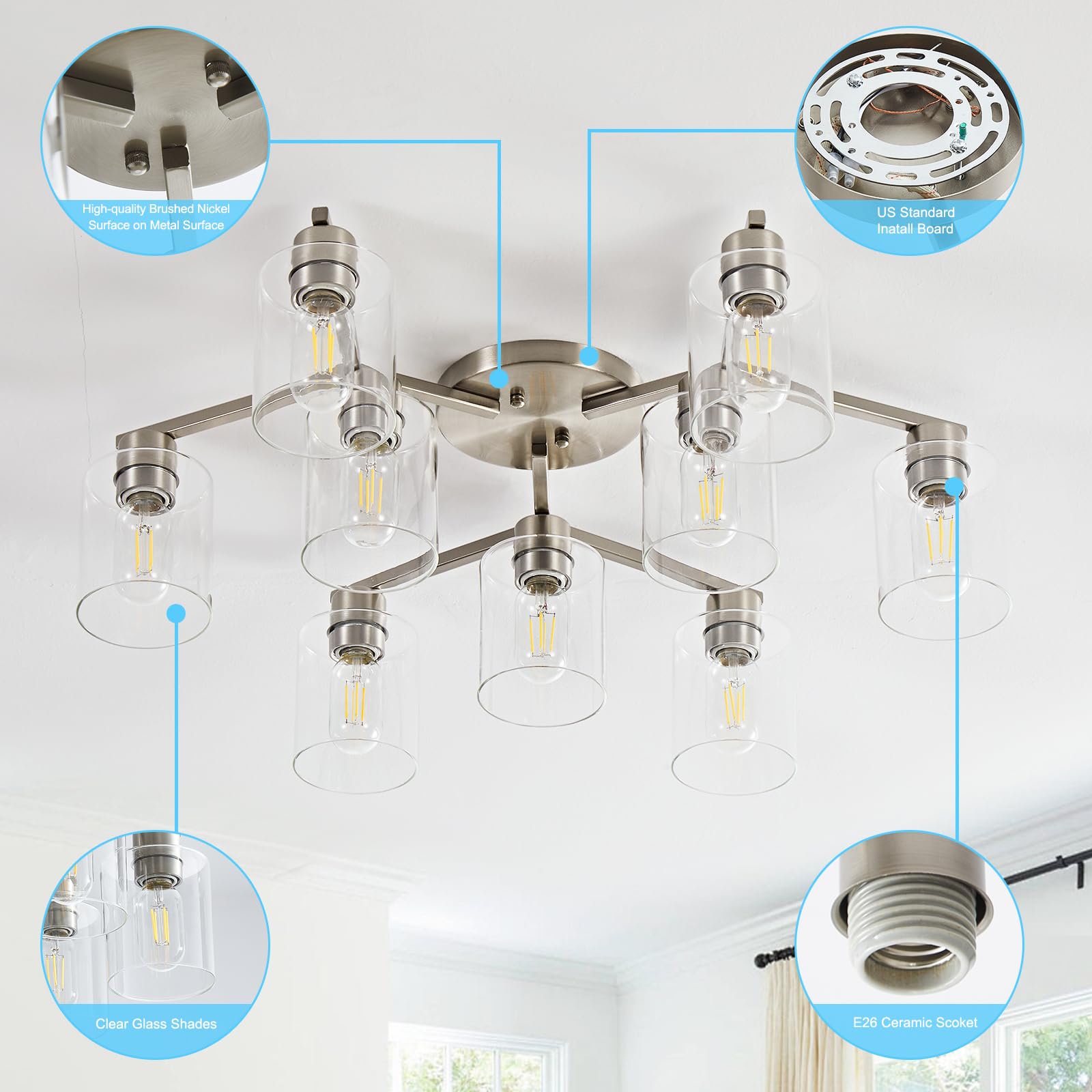 Diduio Brushed Nickel 9 Light Dining Room Ceiling Light Fixture Large Semi Flush Mount Ceiling Light Fixture Kitchen Lighting Fixtures Ceiling Light For Living Room With Clear Glass Shades