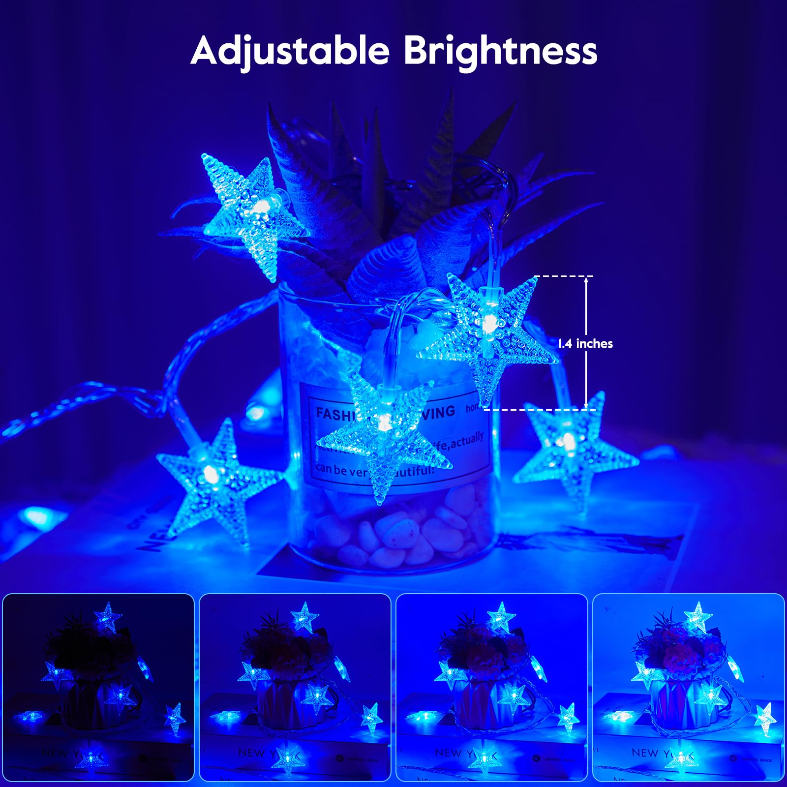 Minetom String Lights - 33 ft, 100 LED, Blue and White Star, Waterproof, Remote & Timer, 8 Modes for Tent, Patio, Balcony, Staircase