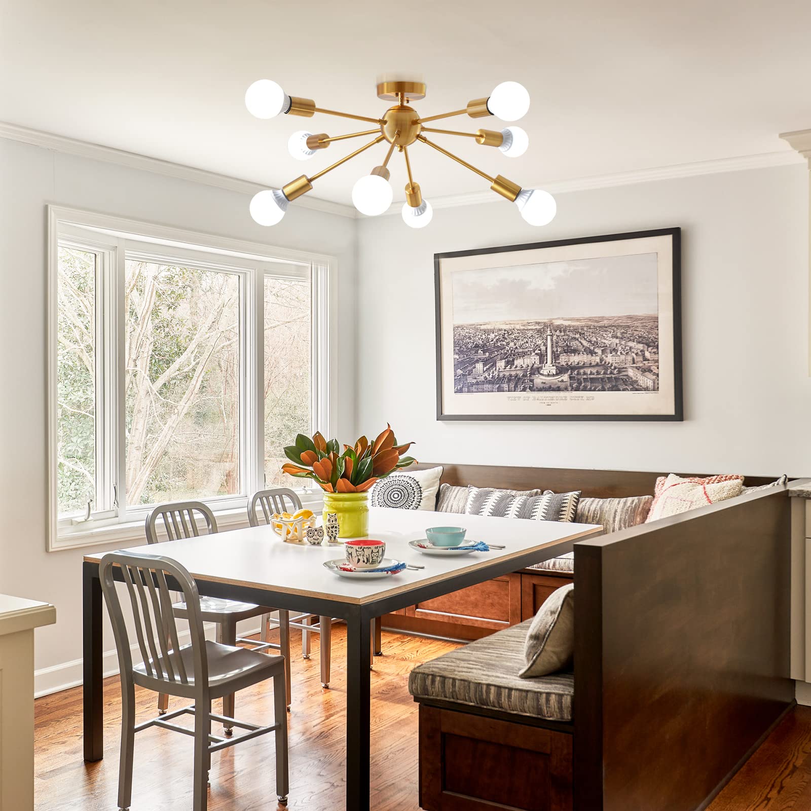 Kostomo 8 Light Sputnik Ceiling Light Brushed Gold Chandelier Brass Rustic Semi Flush Mount Ceiling Light Modern Kitchen Light Fixtures Chandeliers For Dining Room Bedroom Kitchen Ceiling Light