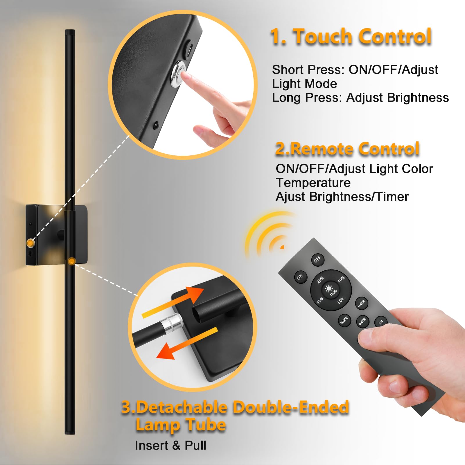 JEAYYDSI Battery Operated Wall Sconces, Dimmable LED, Remote Control, USB Rechargeable, Black, Model GG-Lighting M