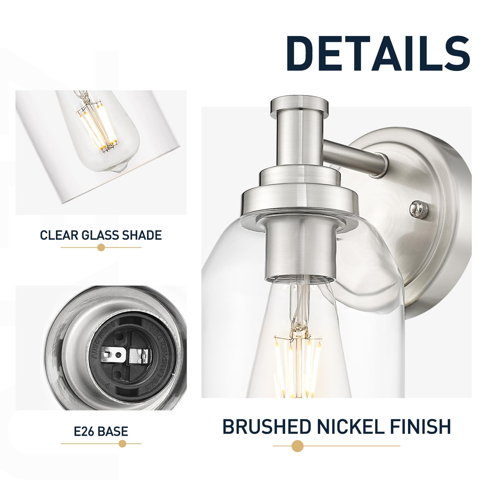 zeyu Industrial Wall Sconces Set of 2, Brushed Nickel + Clear Glass, Model ZG33B-2 BN, Indoor Lighting for Bathroom, Bedroom, Living Room