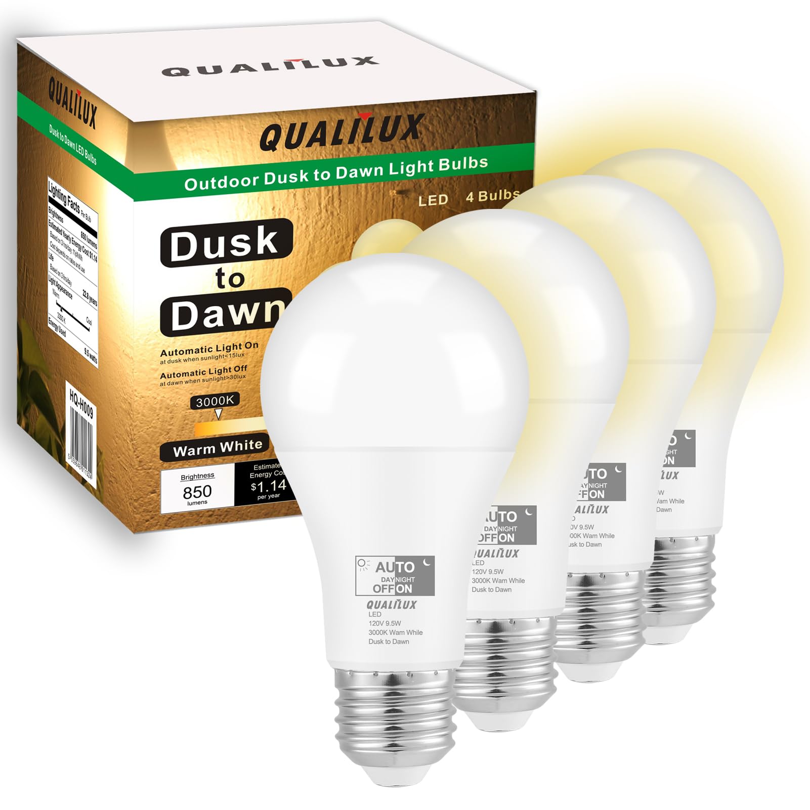 Qualilux Dusk To Dawn Led Light Bulbs Outdoor 850 Lumen, 60W Equivalent, Warm White 3000K, Energy Efficient 9.5W, A19, E26 Base,