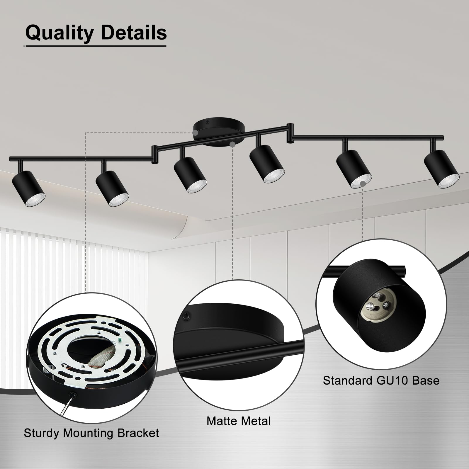 Auquee 6 Light Track Lighting Fixtures Ceiling  Matte Black Kichen Track Lighting Fixtures With Rotatable Light Heads  Foldable Lamp Arms  Modern Led Track Lights For Kitchen/Hallway  No Gu10 Bulb