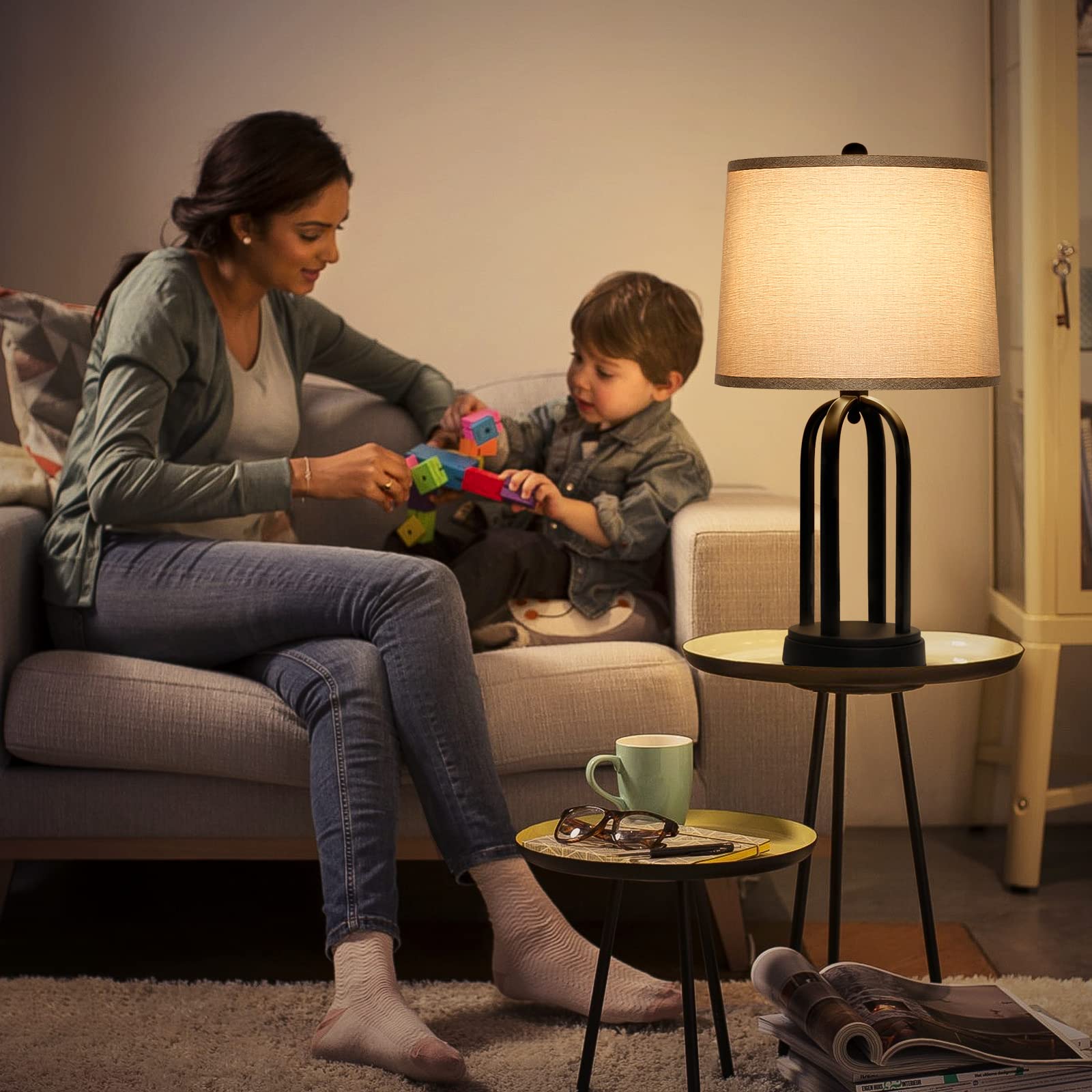 Seaside Village Drum Lampshades Set of 2, 11.6in Top x 12.6in Bottom x 9.8in High, Fabric, Farmhouse Brown, Model S