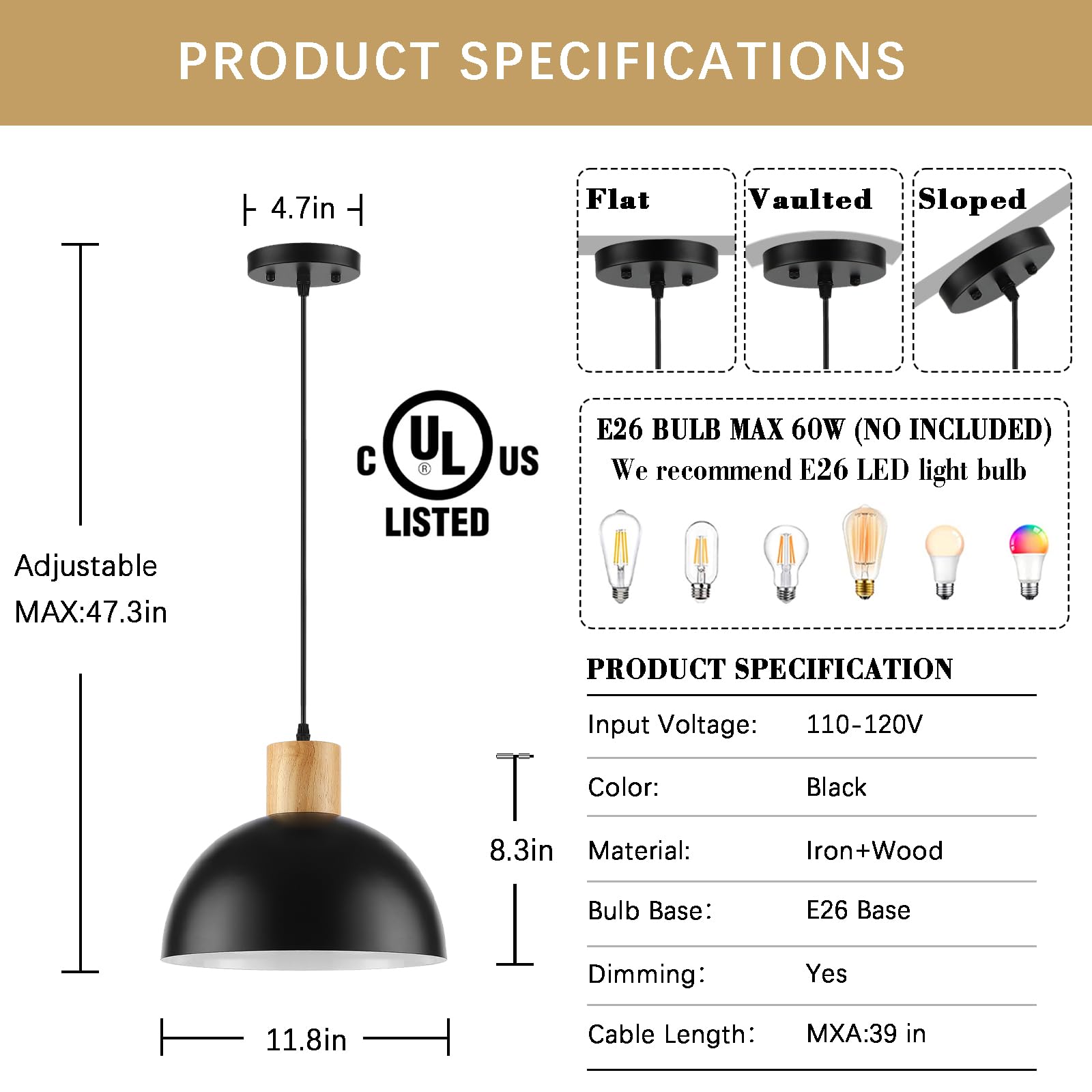 Qianzhan Solid Wood Pendant Light 3 Pack, Modern Matte Black Pendant Lights Fixtures Adjustable Dome Hanging Lighting,For Kitche