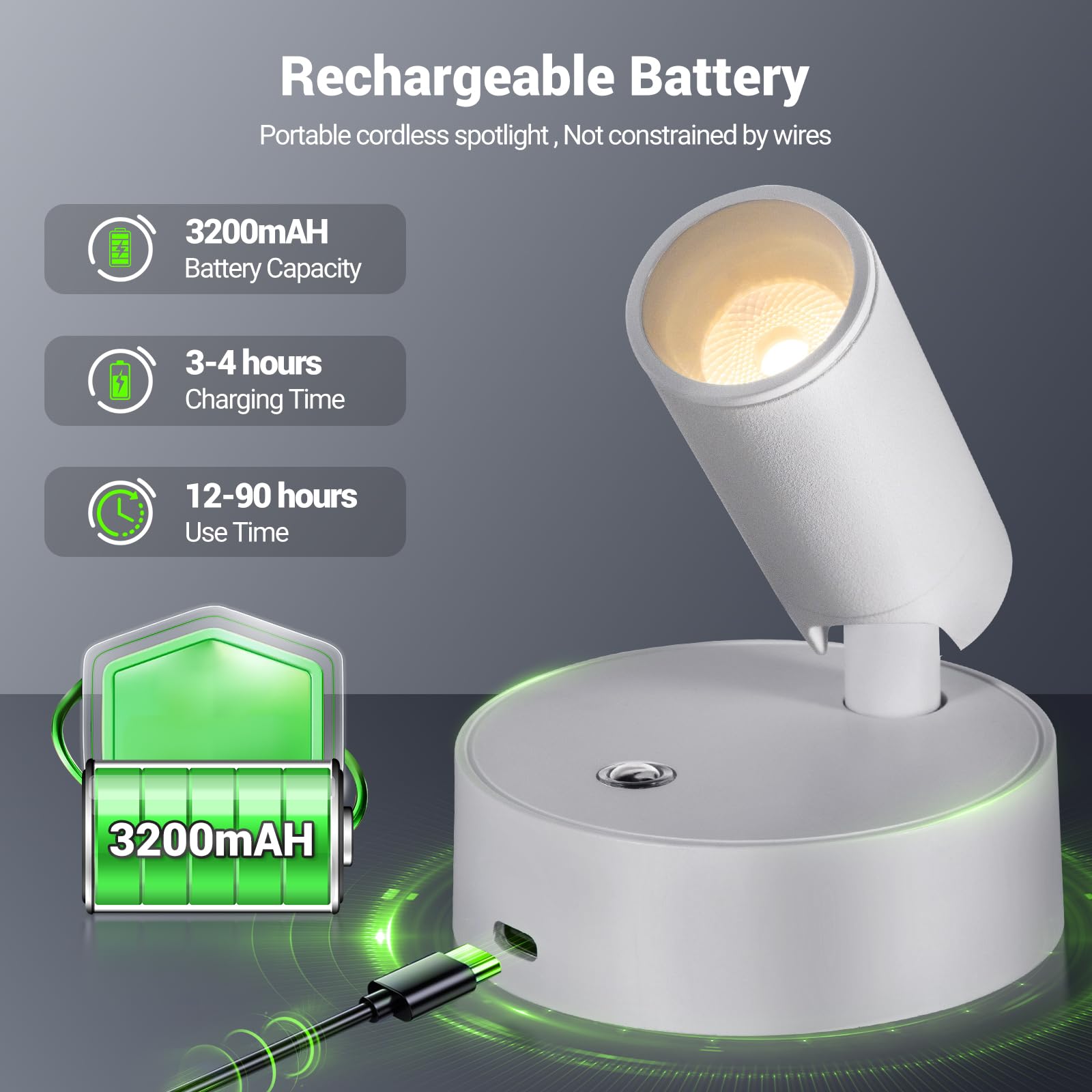 OTeedo Wireless Indoor Spotlights, Dimmable Accent Uplighting, 1 Pack, Battery Operated, White, Model O-SPL