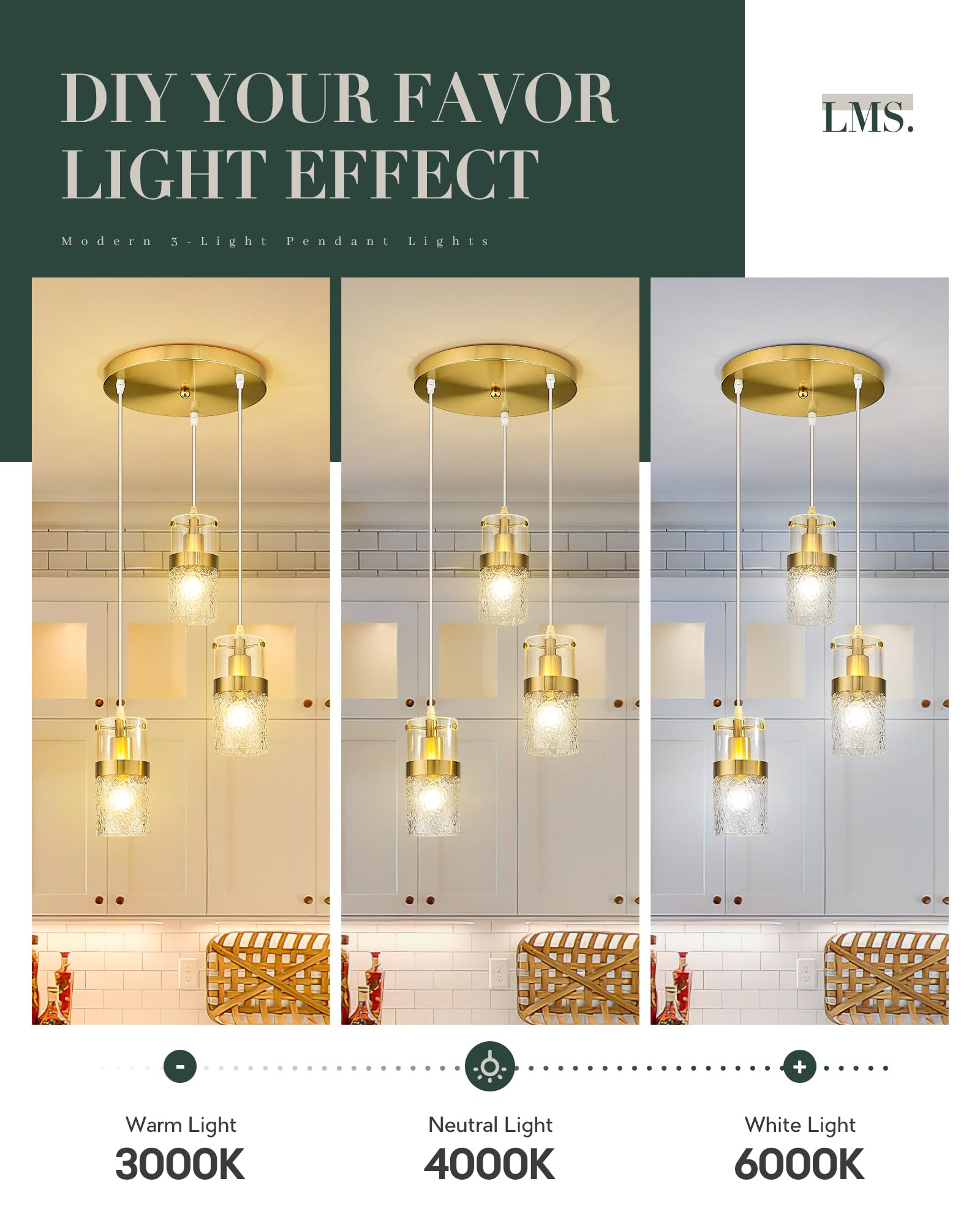 Lms 3-Light Pendant Light Fixtures, Brushed Gold Farmhouse Kitchen Island Light, Industrial Adjustable Hanging Pendant Lighting, Cluster Chandeliers, Lms-189