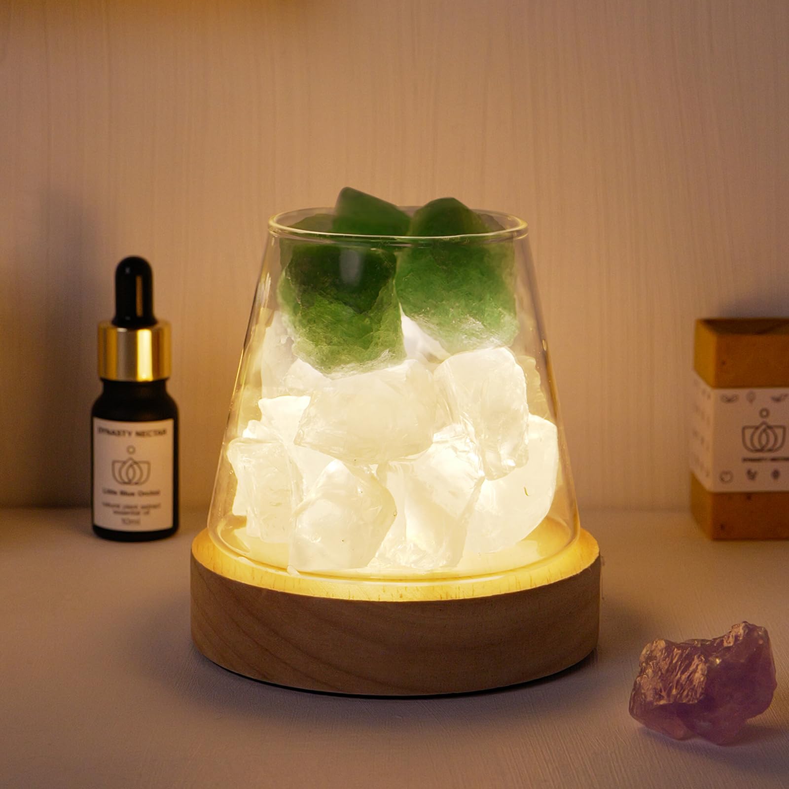Runyangshi Crystal Night Lamp Natural Green Fluorite Clear Quartz Crystal and Healing Stones Aroma Ambient Light with Remote Con
