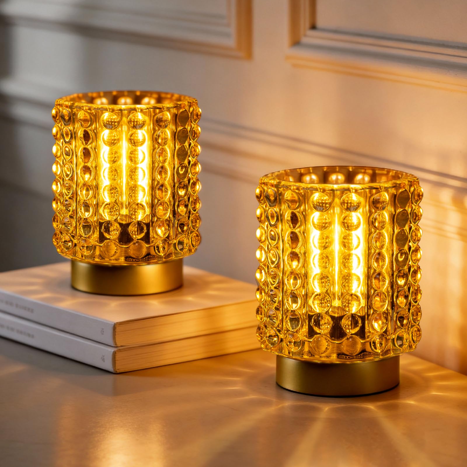 Battery Operated Lamp with Timer  Mini Crystal Table Lamps for Home Decor  Small Cordless Lamp for Areas No Outlets  Glass Battery Powered Lamps for Entryway  Bedroom  Bathroom  Shelf (2 Yellow)
