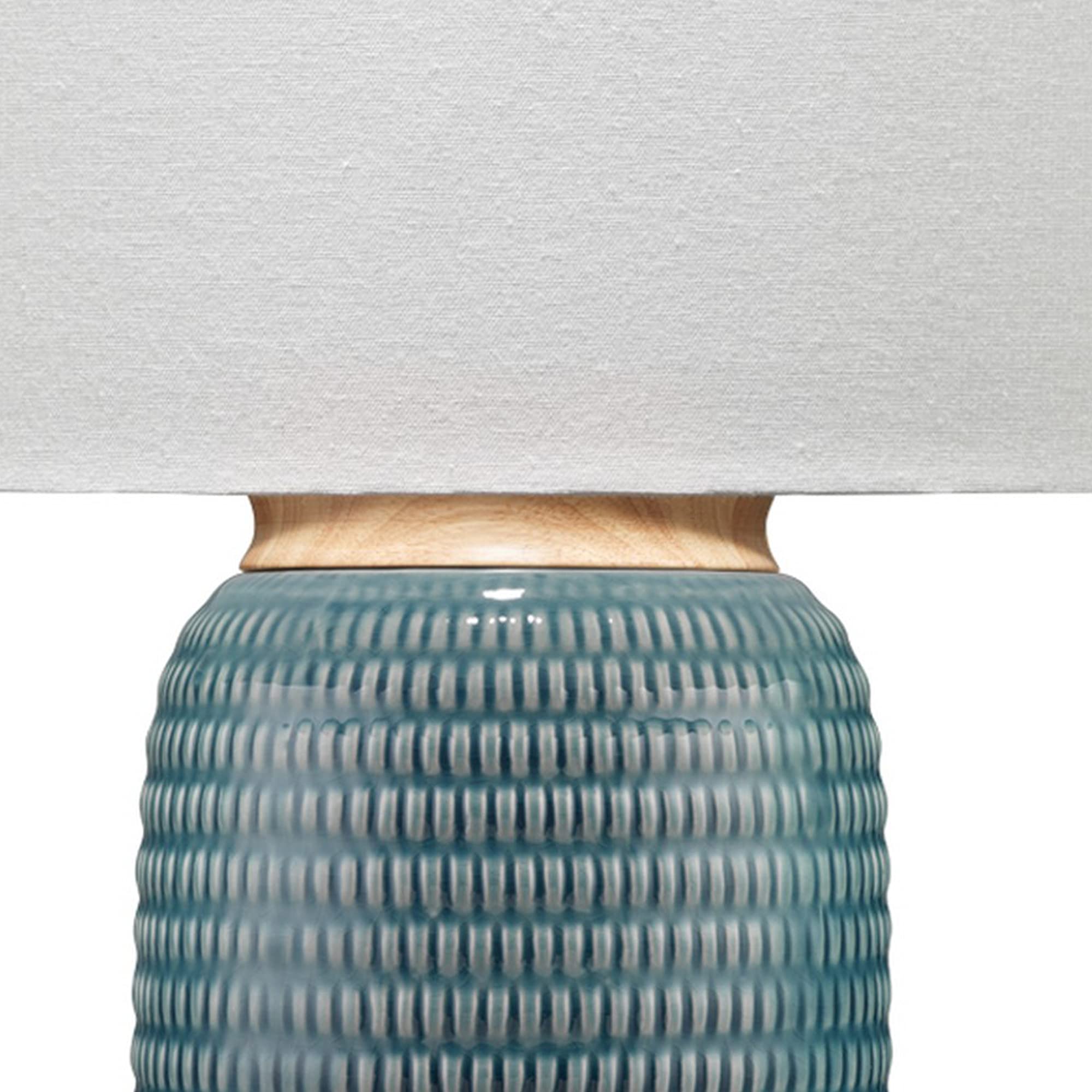 Benjara Table Lamp With Ribbed Ceramic Body And Fabric Shade, Blue