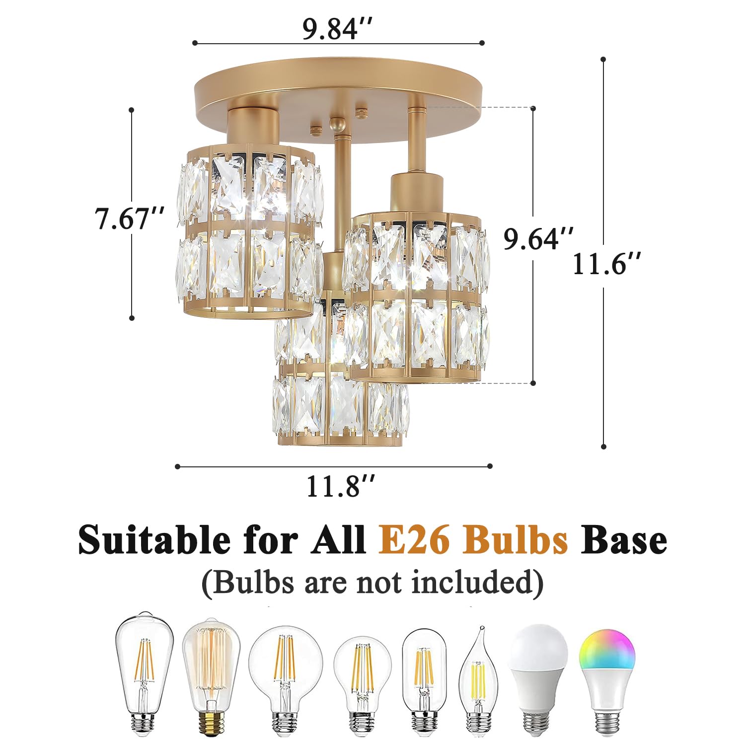 Puzhi Home Elegant Crystal Semi Flush Mount Ceiling Light, Modern 3-Light Chandelier For Dining, Kitchen, Living & Bedroom - Gol