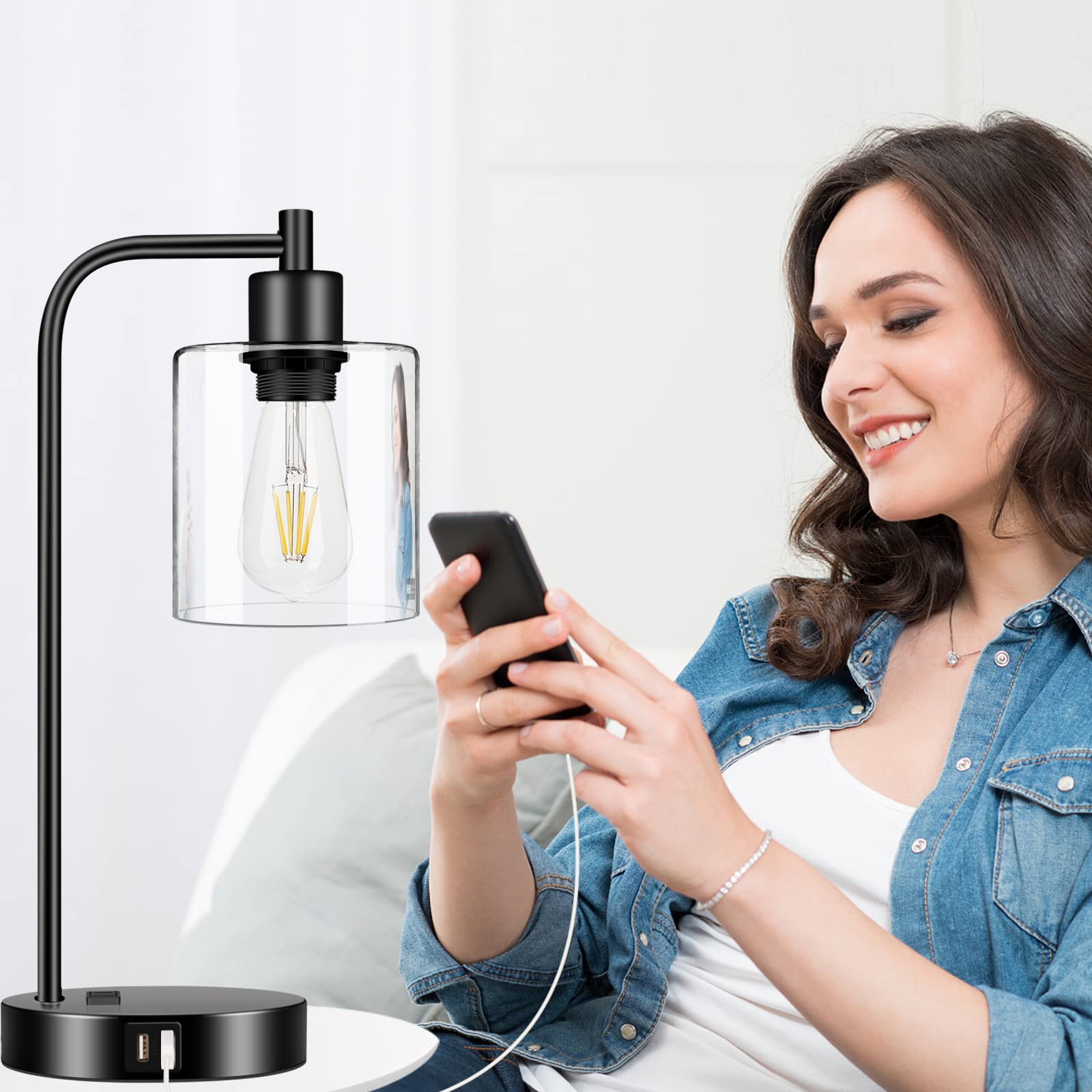 Nintiue Industrial Touch Control Table Lamps Set of 2 - 3-Way Dimmable, Black with Glass Shade & USB Ports, Model N202108